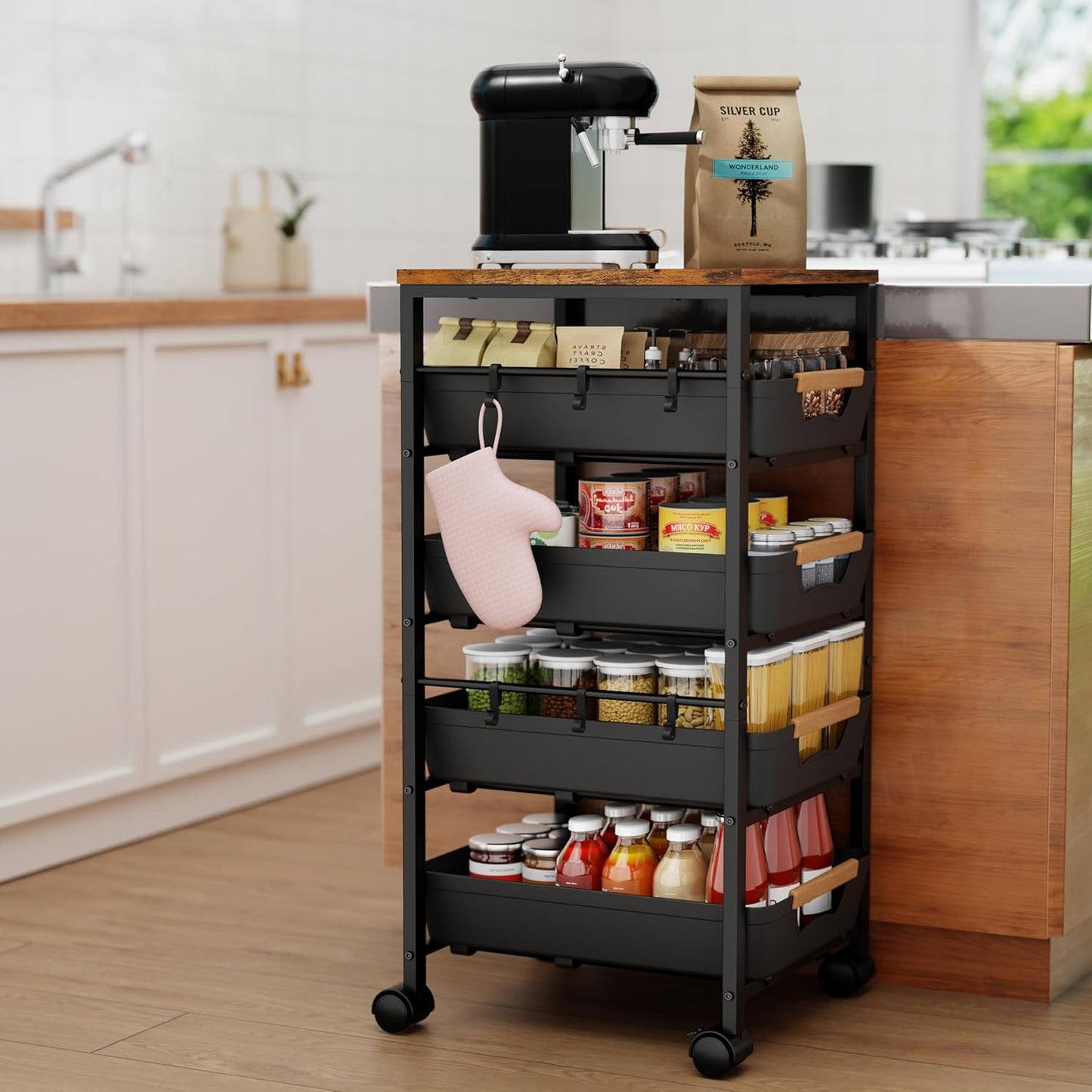 5-Tier Kitchen Storage Cart, Wood Top Rolling Cart Organizer with Pull-Out Baskets & Wheels, Metal Snack Cart with Holder for Fruit, Vegetable, Microwave, Kitchen, Pantry, Black
