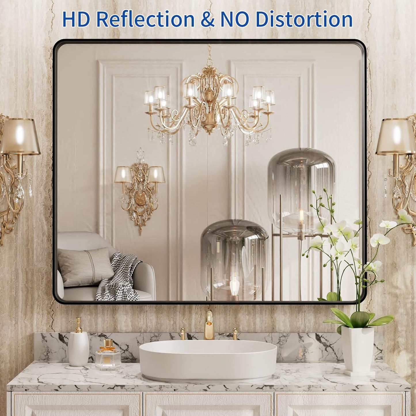 WEER 36X30 Inch Black Metal Framed Bathroom Mirror, Matte Black Bathroom Vanity Mirror, Rectangular Black Wall Mirror for Bathroom, Tempered Glass, Rounded Corner, Hangs Horizontal or Vertical