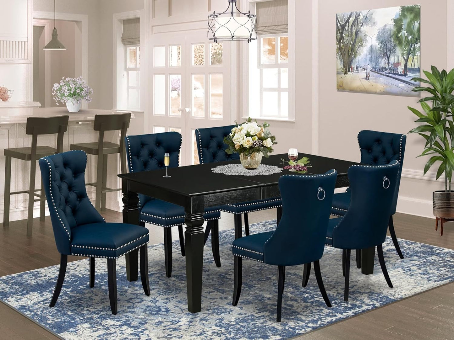 East West Furniture WEDA7-BLK-29 7 Piece Dining Table Set Includes a Rectangle Kitchen Table with Butterfly Leaf and 6 Polyester Fabric Padded Chairs, 42x60 Inch, Black
