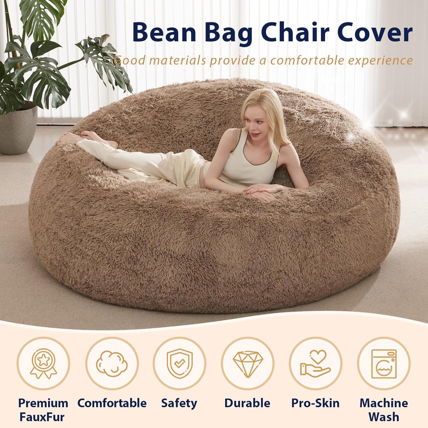 Big Bean Bag Cover Only, Washable Oversized Bean Bag Chairs Cover for Adults, Fluffy Plush Bean Bags Cover for Adults Teenagers without Filler Included, 7FT, Khaki