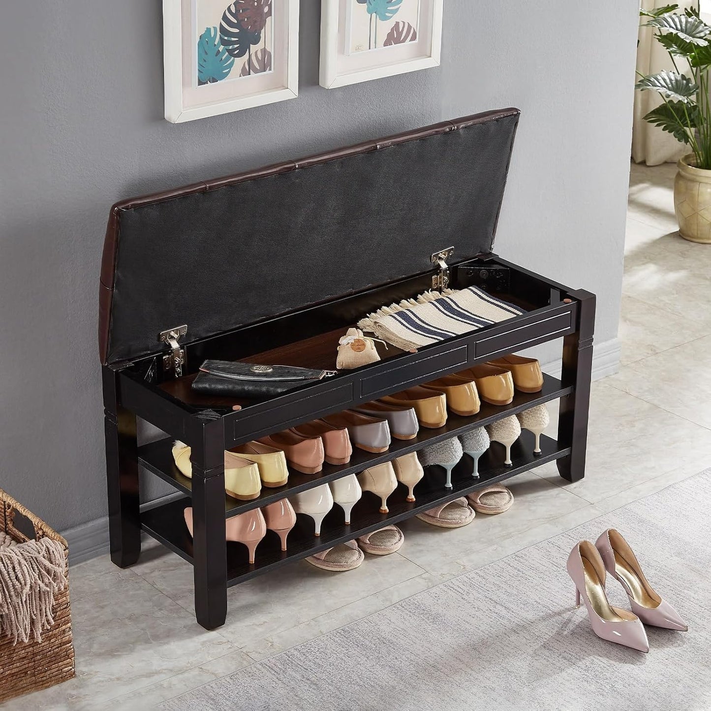 Shoe Storage Bench, Entryway Shoe Rack with Fiberleather Seat 2-Tier Lift Top Organizer Wooden Shoe Bench for Entryway Hallway Living Room (Black 39.4x13.8x18.9'')