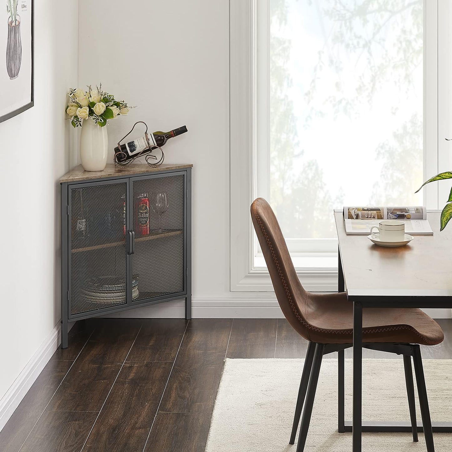 VECELO Corner Cabinet/Table, 3-Tier Shelves with Protection Door, Metal Frame Storage Shelf Organizer for Small Space, Living Room, Kitchen, Bathroom, Set of 1, Grey