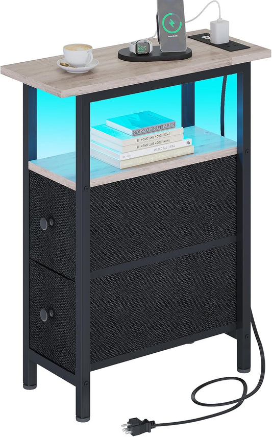 End Table with Charging Station, Narrow Side Table with 2 Fabric Drawers, Skinny Nightstand with LED Light, Slim Bedside Table for Bedroom, Living Room, Small Spaces, Greige and Black