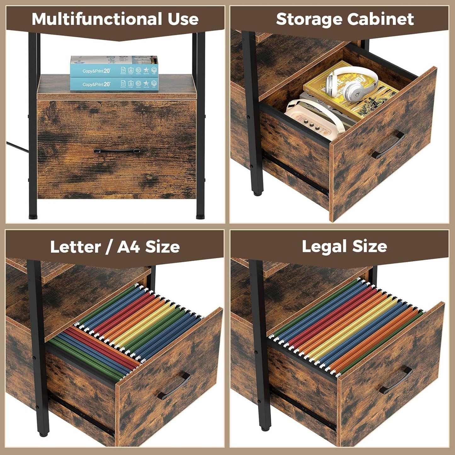 Rolanstar L Shaped Gaming Desk with Drawers, 64" Reversible Computer Desk with Power Outlet & LED Strip, Corner Desk with File Cabinet & Monitor Stand, Home Office Desk, Rustic Brown