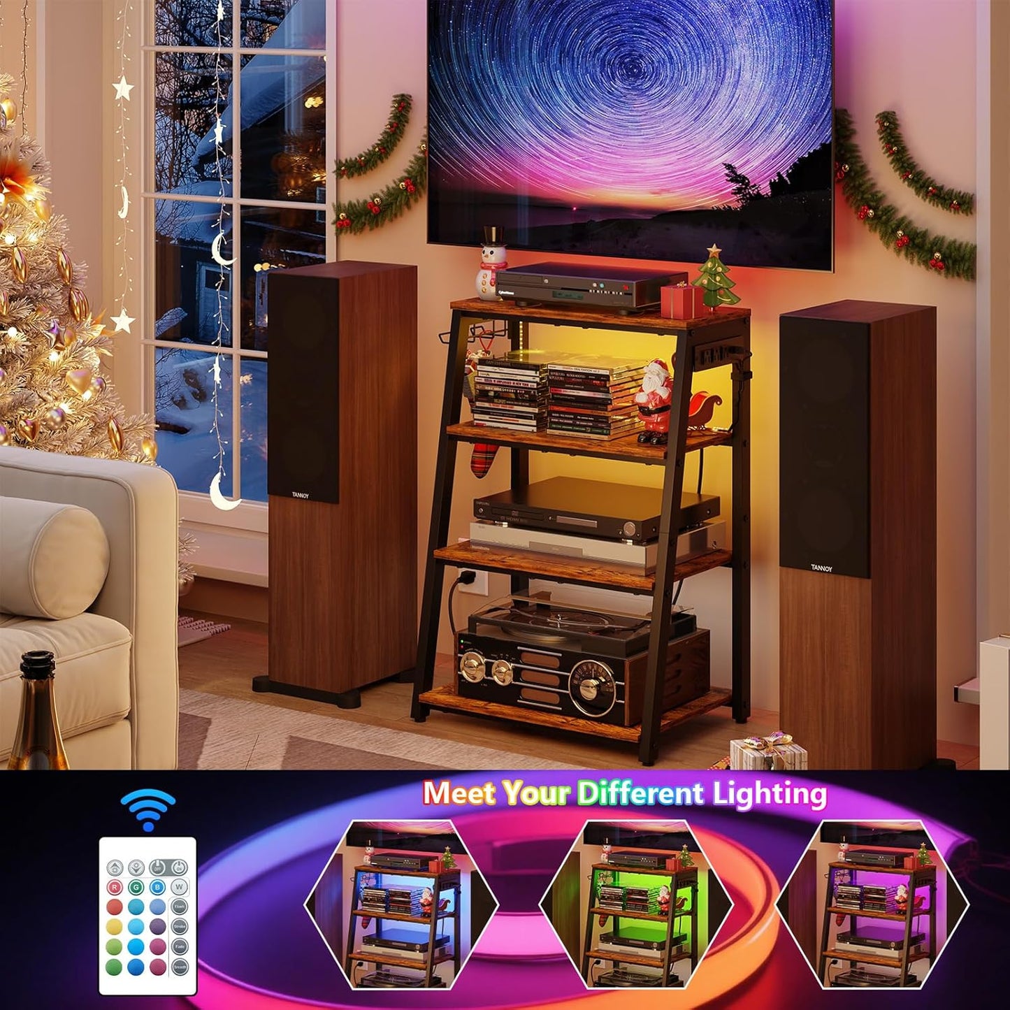 4-Tier AV Media Stand with Power Strips, Heavy Duty Stereo Cabinet Stand with LED Lights, Wooden Record Player Stand with 2 Hooks, Audio Stand Furniture Perfect for DVD Player/Game Console/TV Box/Xbox