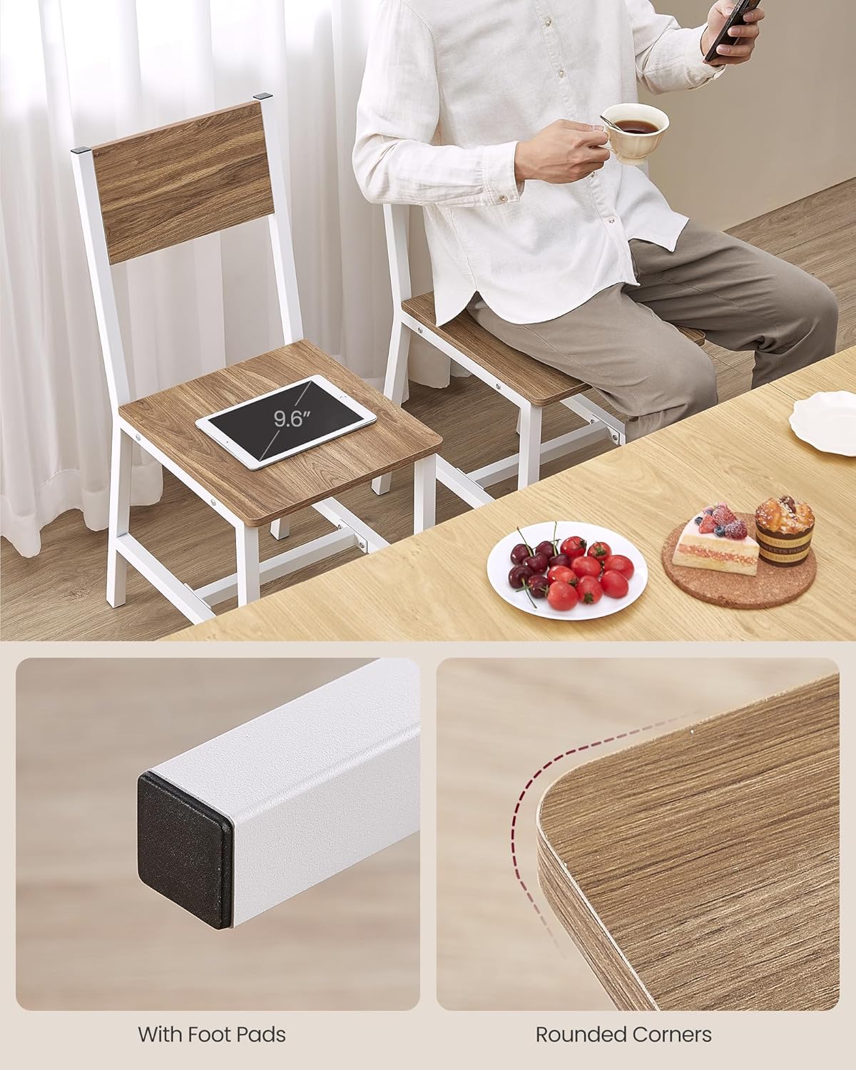 VASAGLE Dining Chair Set of 2, Rustic Wood Chairs with Metal Steel Frame, Easy to Assemble, Comfortable Seat, Modern Farmhouse Chair for Kitchen, Bedroom, Living Room, Wheat Brown and Cloud White