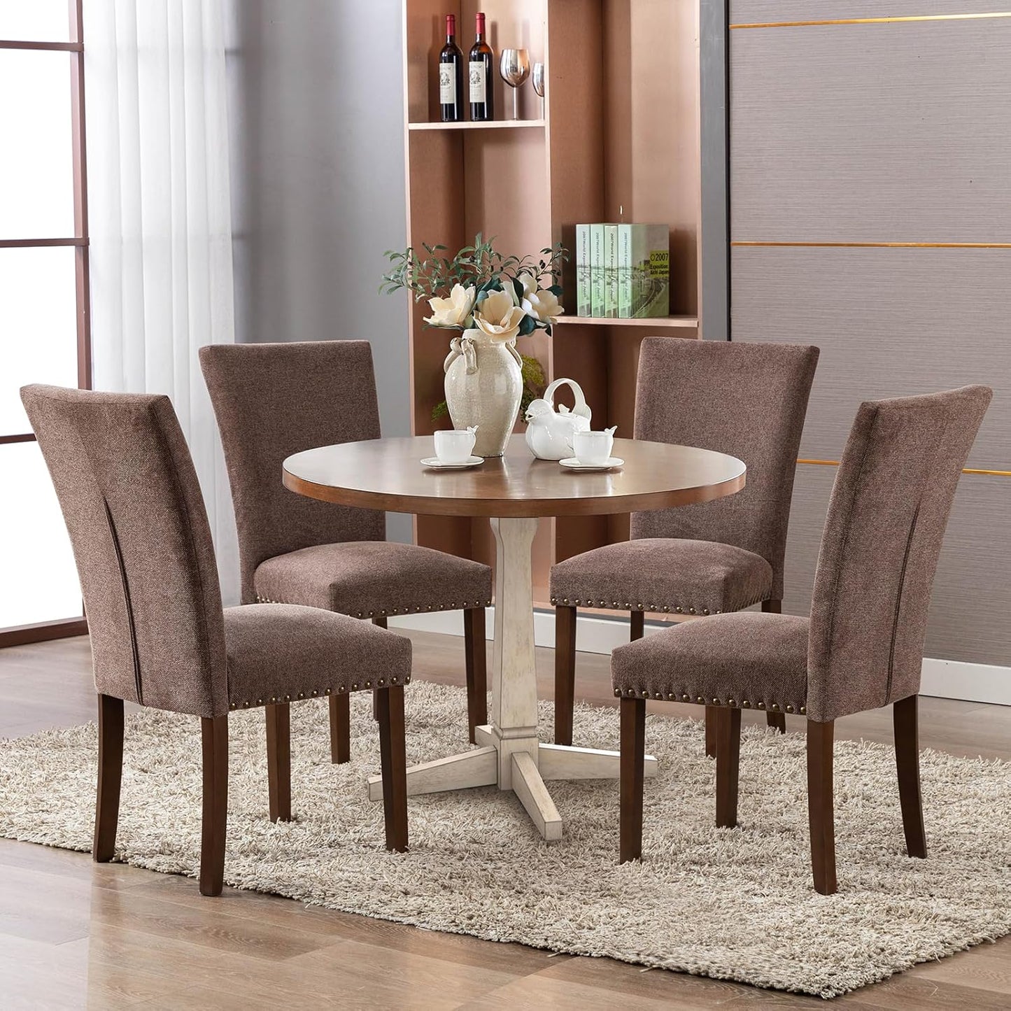 COLAMY Upholstered Parsons Dining Chairs Set of 2, Fabric Dining Room Kitchen Side Chair with Nailhead Trim and Wood Legs - Brown