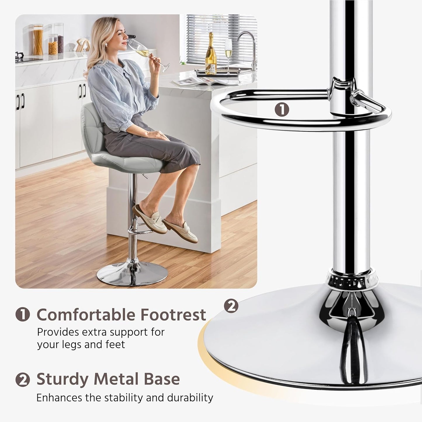 Yaheetech Grey Bar Stools Set of 2, PU Leather Bar Chairs with Backrest, Height Adjustable Swivel Island Stools for Bar, Kitchen Counter, Light Grey
