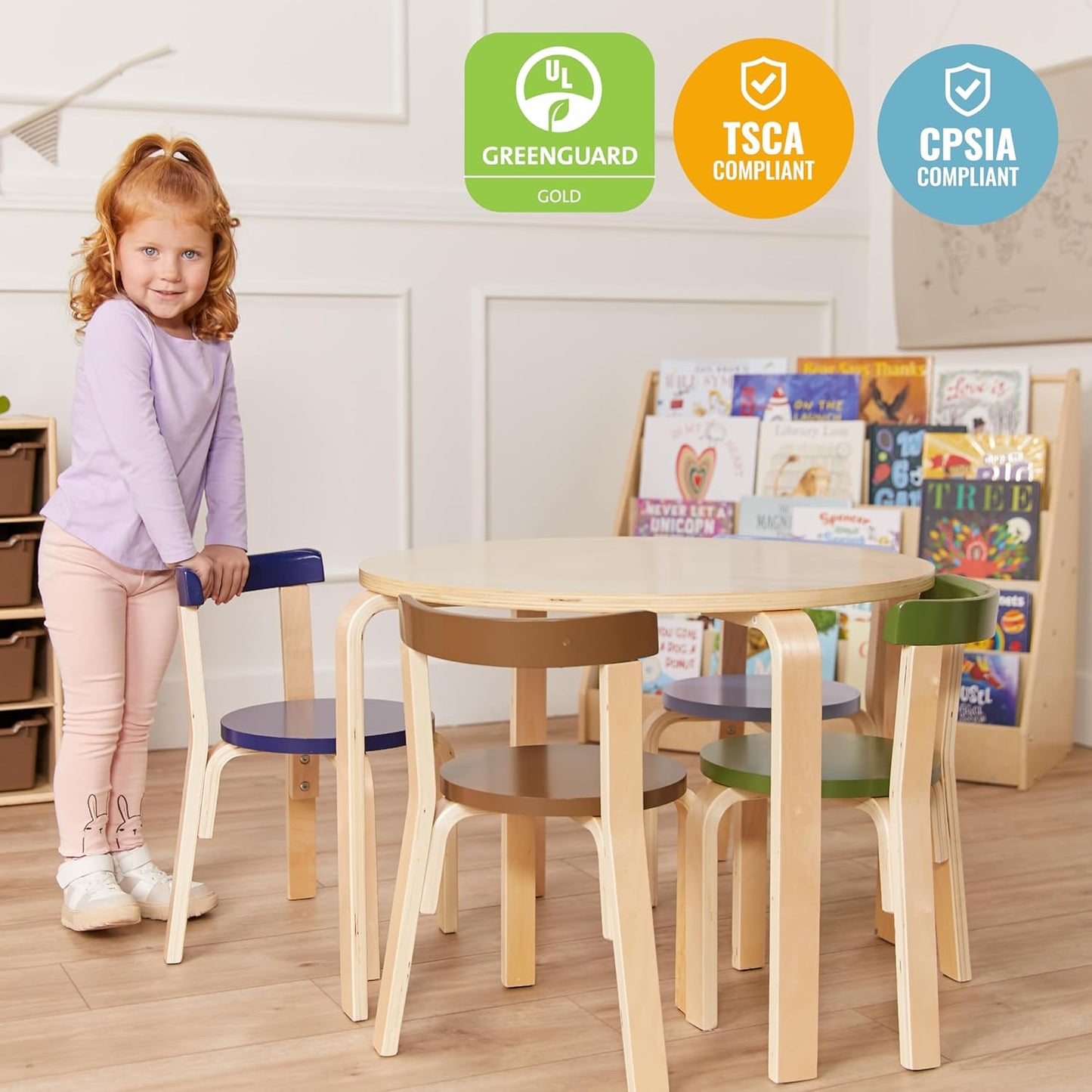 ECR4Kids Bentwood Round Table and Curved Back Chair Set, Kids Furniture, Earthtone, 5-Piece