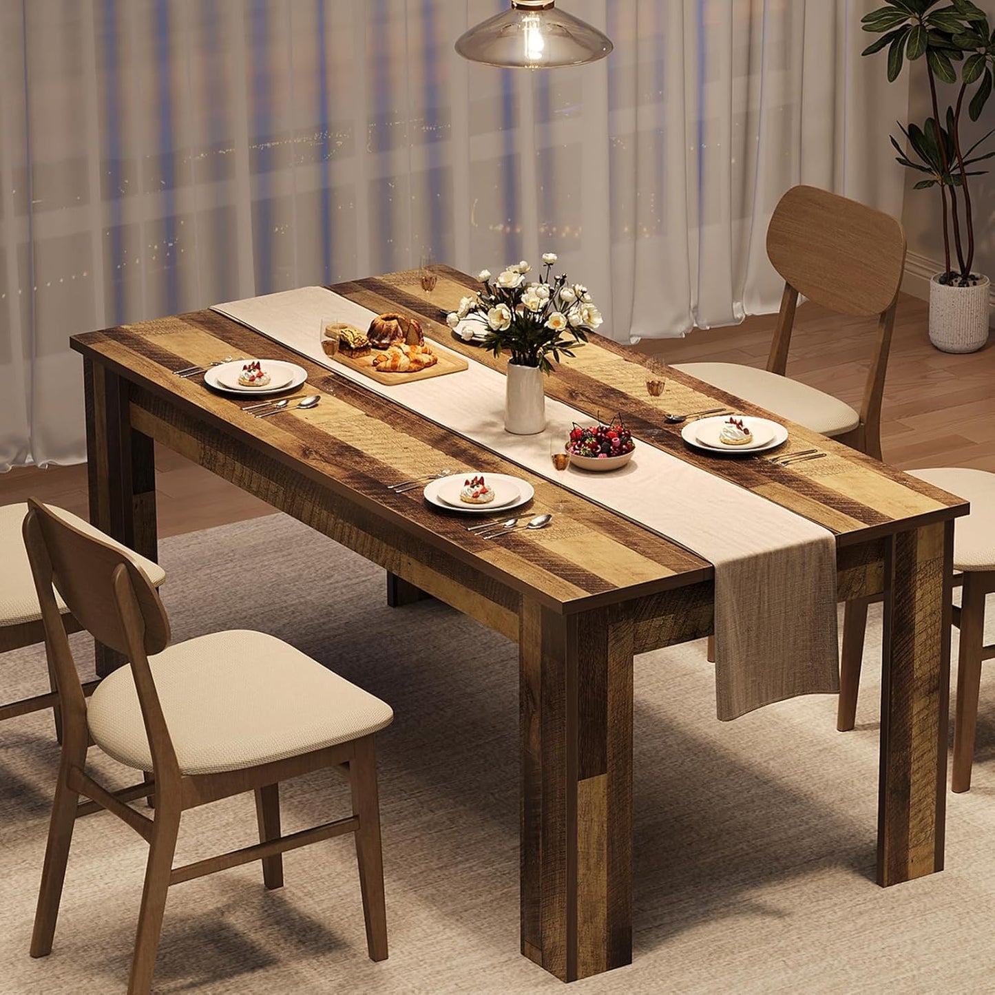 Dining Table for 4-6, 63" Wood Farmhouse Large Kitchen Table with Strong 4 Triangle Legs, Rectangular Dining Room Dinner Table with Sturdy Extra Support for Kitchen, Apartment, Retro Brown