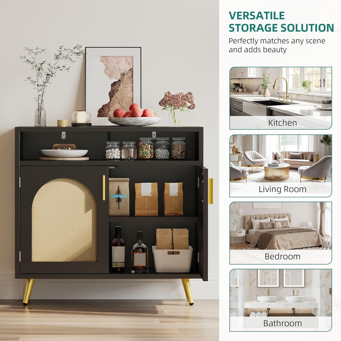 DWVO Buffet Sideboard Cabinet, Accent Storage Cabinet with Natural Rattan Doors and Adjustable Shelves for Kitchen, Living Room and Hallway, Black