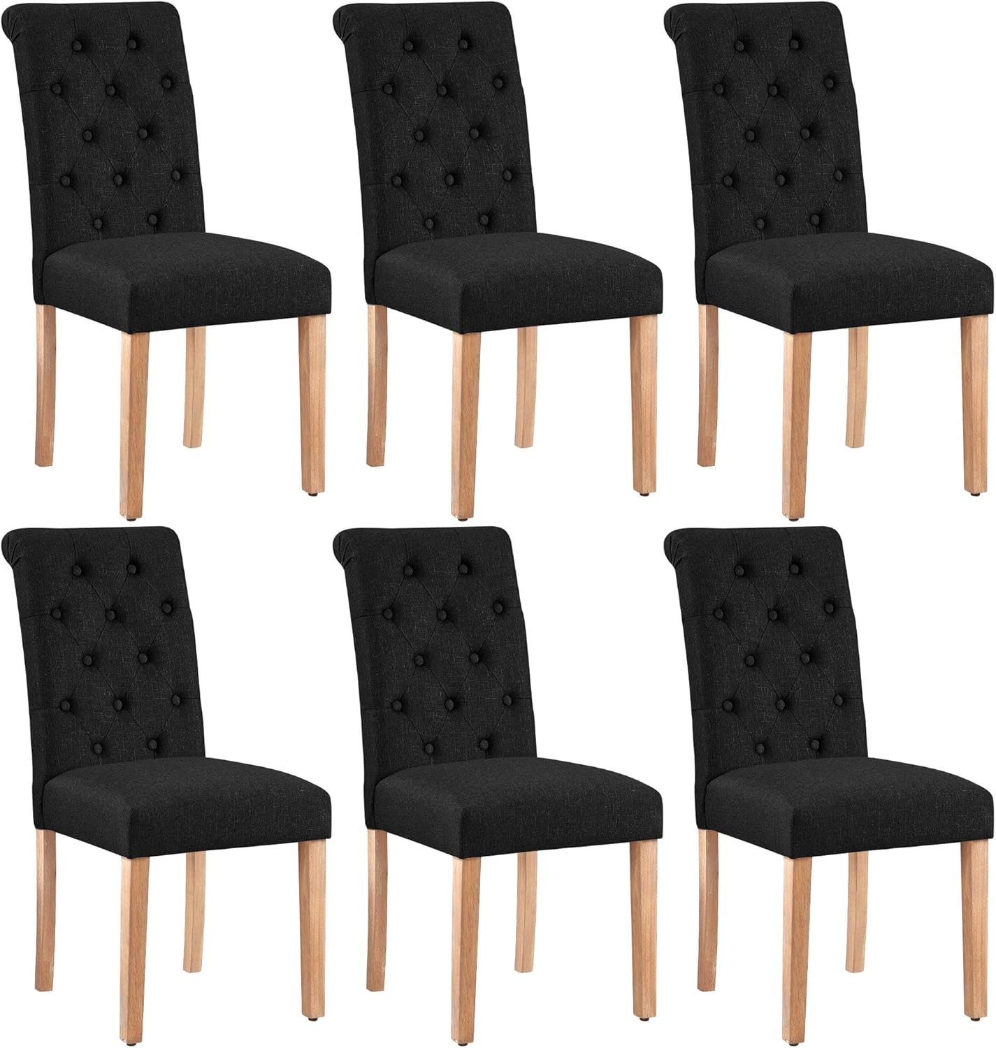 Yaheetech Dining Chairs Set of 6 Fabric Upholstered Dining Room Chairs with Button Tufted High Back and Solid Wood Legs for Kitchen/Living Room/Restaurant, Modern Style, Black