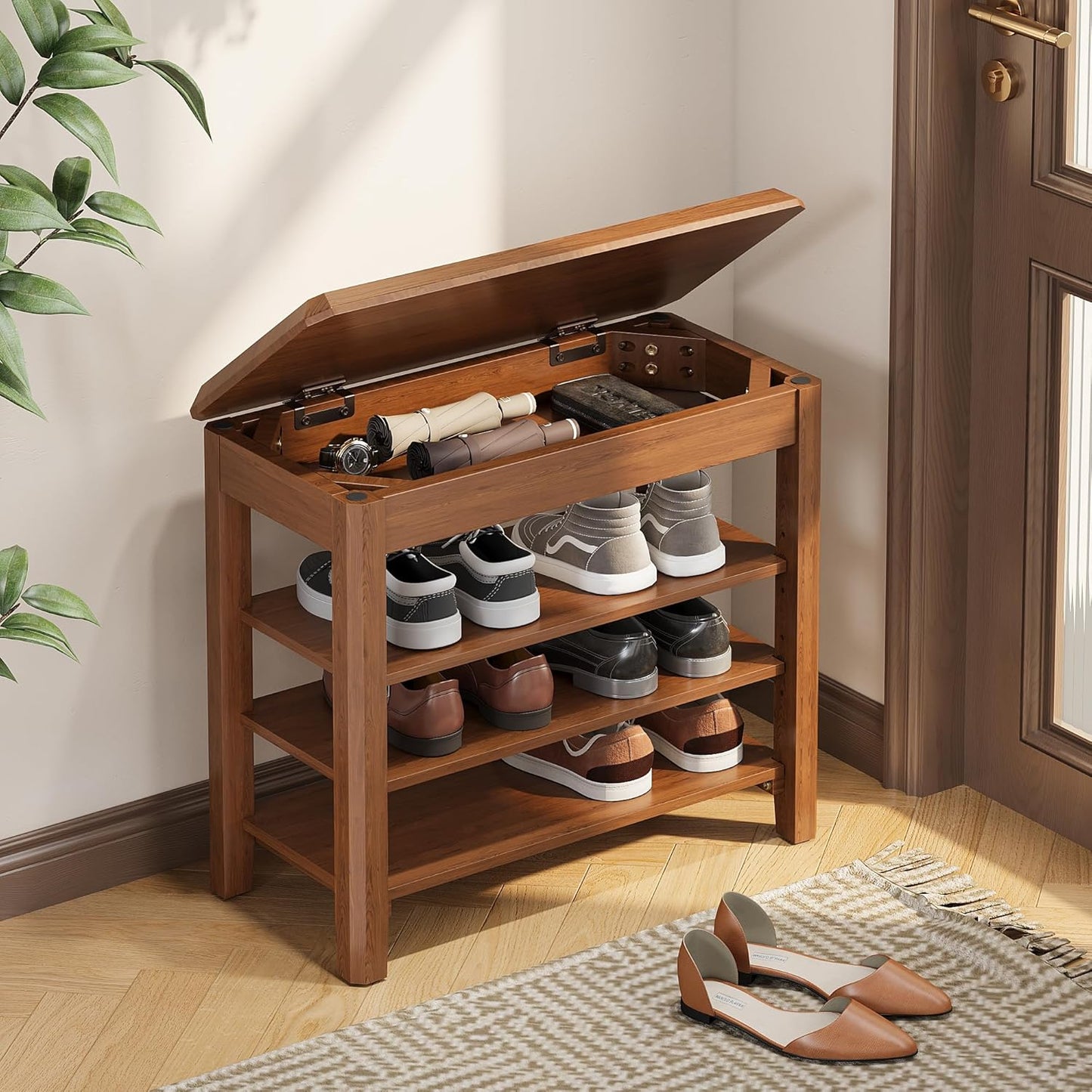 Shoe Rack Bench Seat Rubberwood 3-Tier Wooden Storage Bench 550lbs Compact Mid-Century Modern Design for Entryway, Hallway, Closet, Front Door Entrance, Foyer