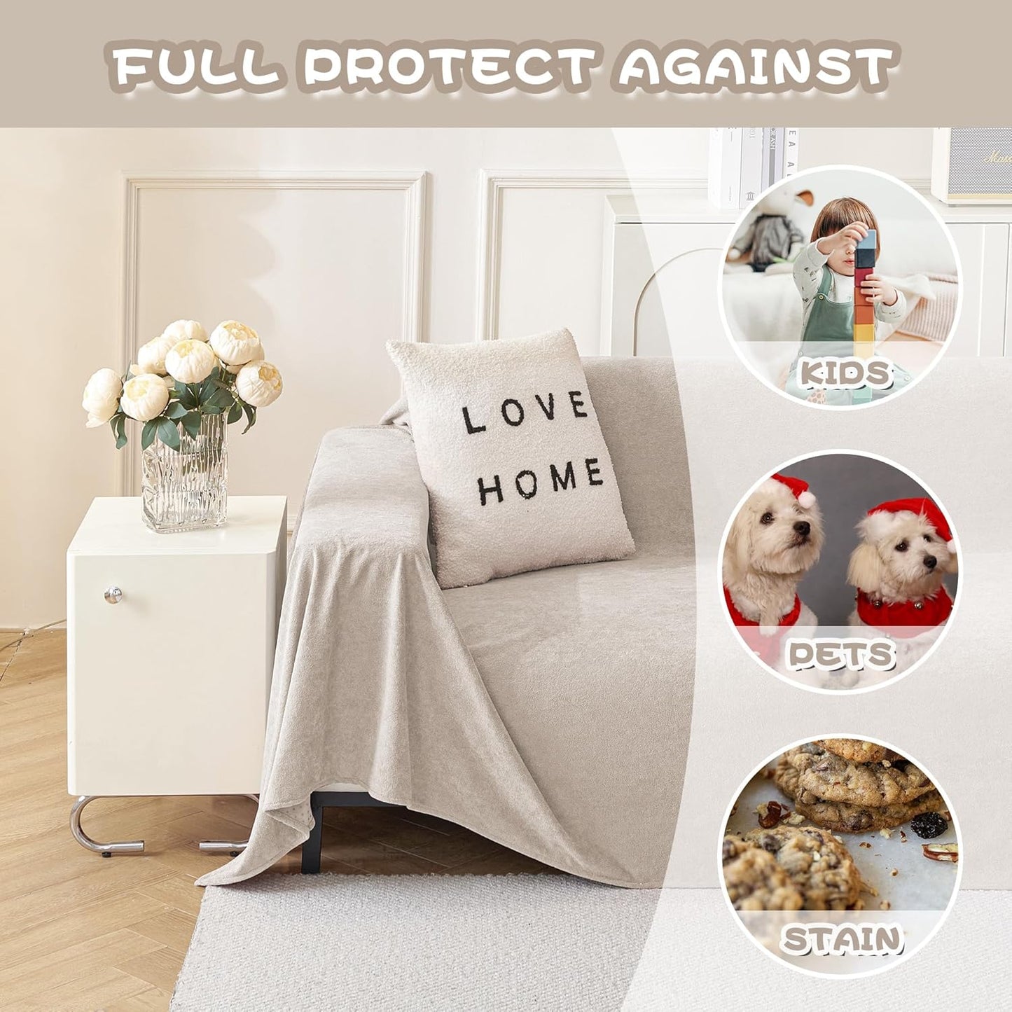 MYSKY HOME Couch Cover Sofa Covers for 3 Cushion Couch, Dog Couch Covers Protector for Sectional Sofa, Non Slip Soft Sofa Slipcover Modern Furniture Protector for Pet, 91" x 134", Oat