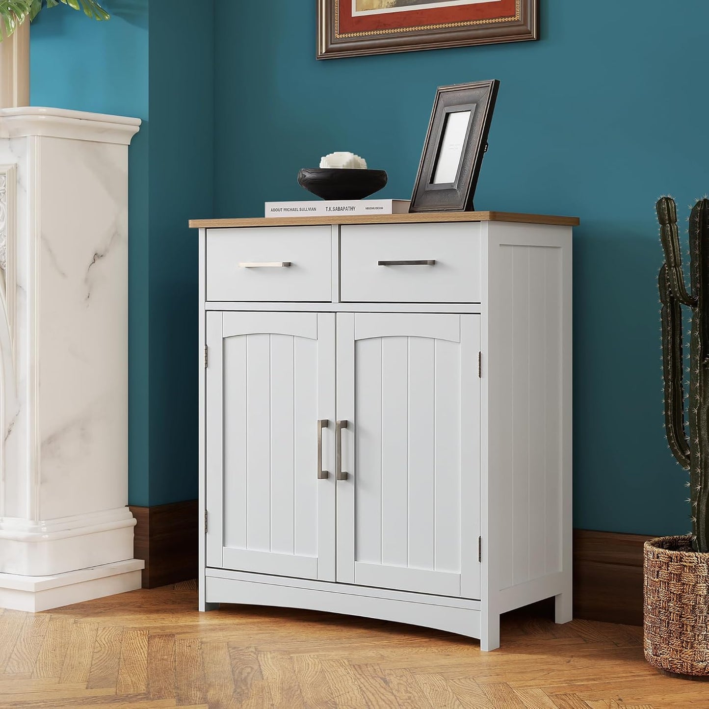 Buffet Cabinet with Storage, Coffee Bar Cabinet 26 x 30 Inches, Oak Top Sideboard Cabinet, Matte White Finish, Anti-Fall Drawers, Arched Doors, Adjustable Shelves