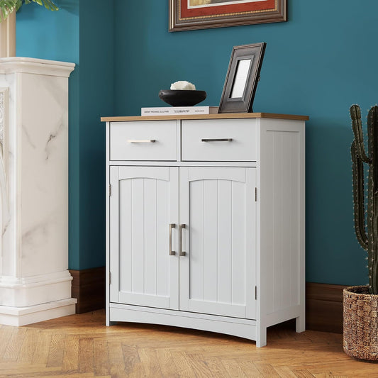 Buffet Cabinet with Storage, Coffee Bar Cabinet 26 x 30 Inches, Oak Top Sideboard Cabinet, Matte White Finish, Anti-Fall Drawers, Arched Doors, Adjustable Shelves