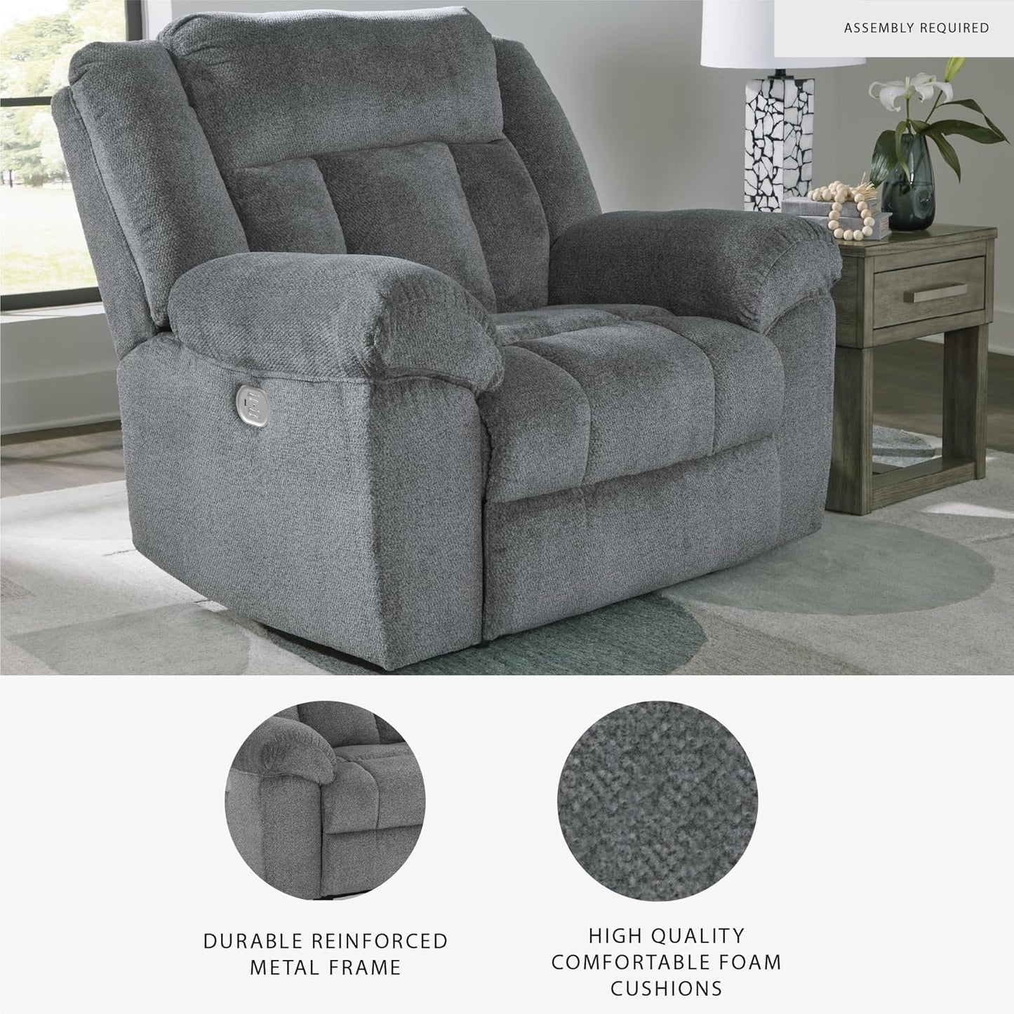 Signature Design by Ashley Tip-Off Casual Wall Hugger Power Recliner with Adjustable Headrest and USB Ports, Gray