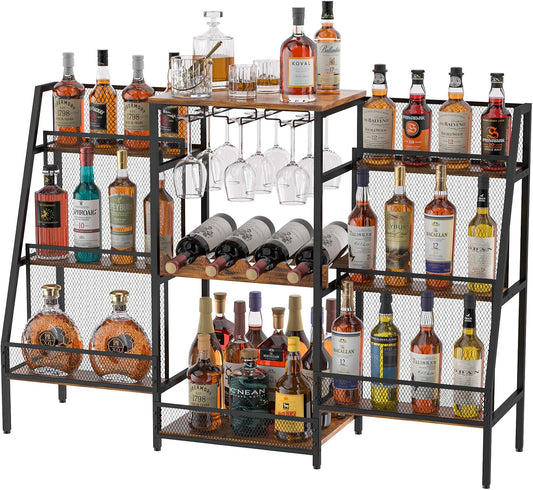 Versatile Bar Stand with Glass Holder, Wine Rack Freestanding Floor, Liquor Cabinet for Liquor Whiskey Wine, 6-Tier Stepped Bar Cabinet with Fences, Vintage Brown（Patent Pending）