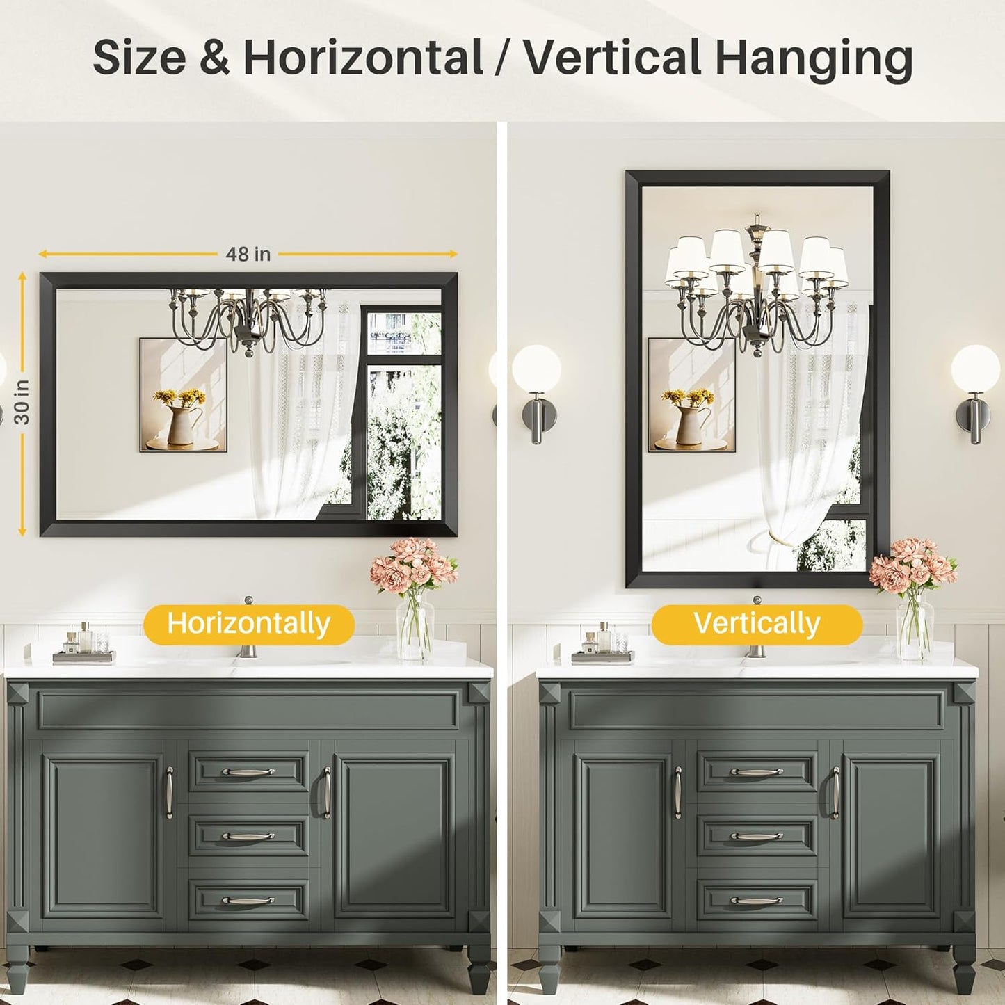 48x30 Inch Black Bathroom Mirror for Wall, Thick Metal Framed Rectangle Mirrors for Over Sink, Bedroom, Living Room, Entryway, Anti-Rust, HD Tempered Glass