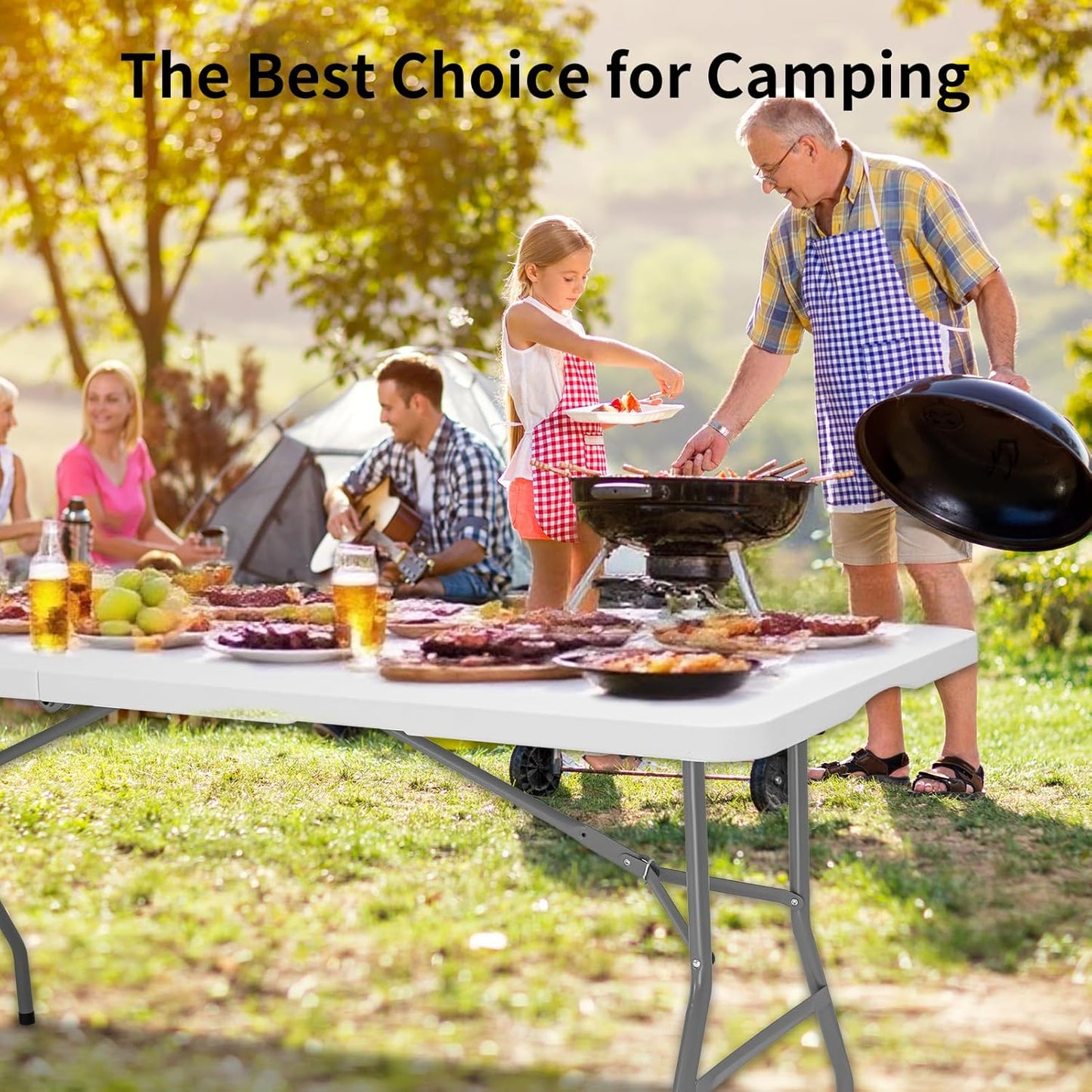 6 FT Folding Table for Indoor Outdoor, Portable Heavy Duty Folding Camping Tables for Eating, Fold-in-Half Plastic Dining Picnic Party Utility Card Table with Carrying Handle, 71x29 inch