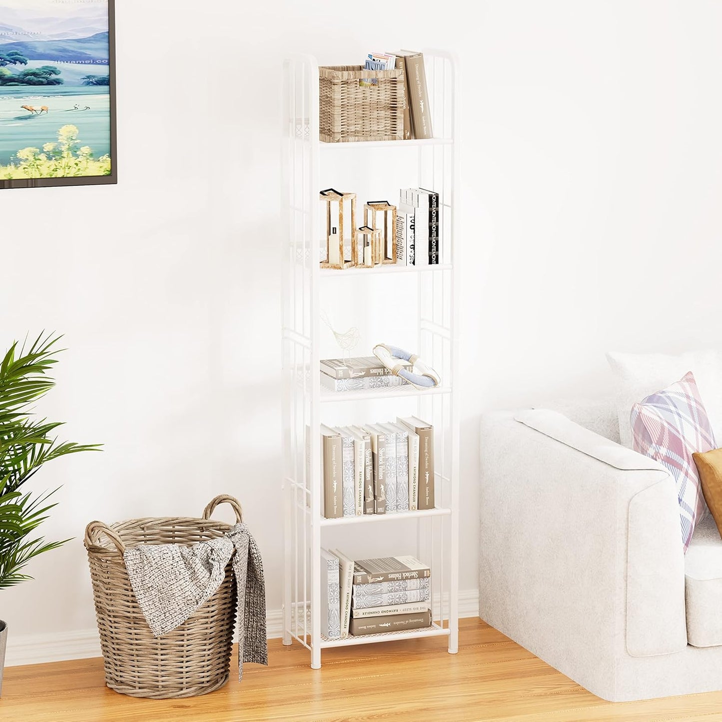 Bookshelf Storage Shelf Bookcase Freestanding Storage Stand for Living Room, Bedroom, Kitchen, Rust Resistance, Easy Assembly Free Combination Multi-Functional Organizer (5 Tiers,White)