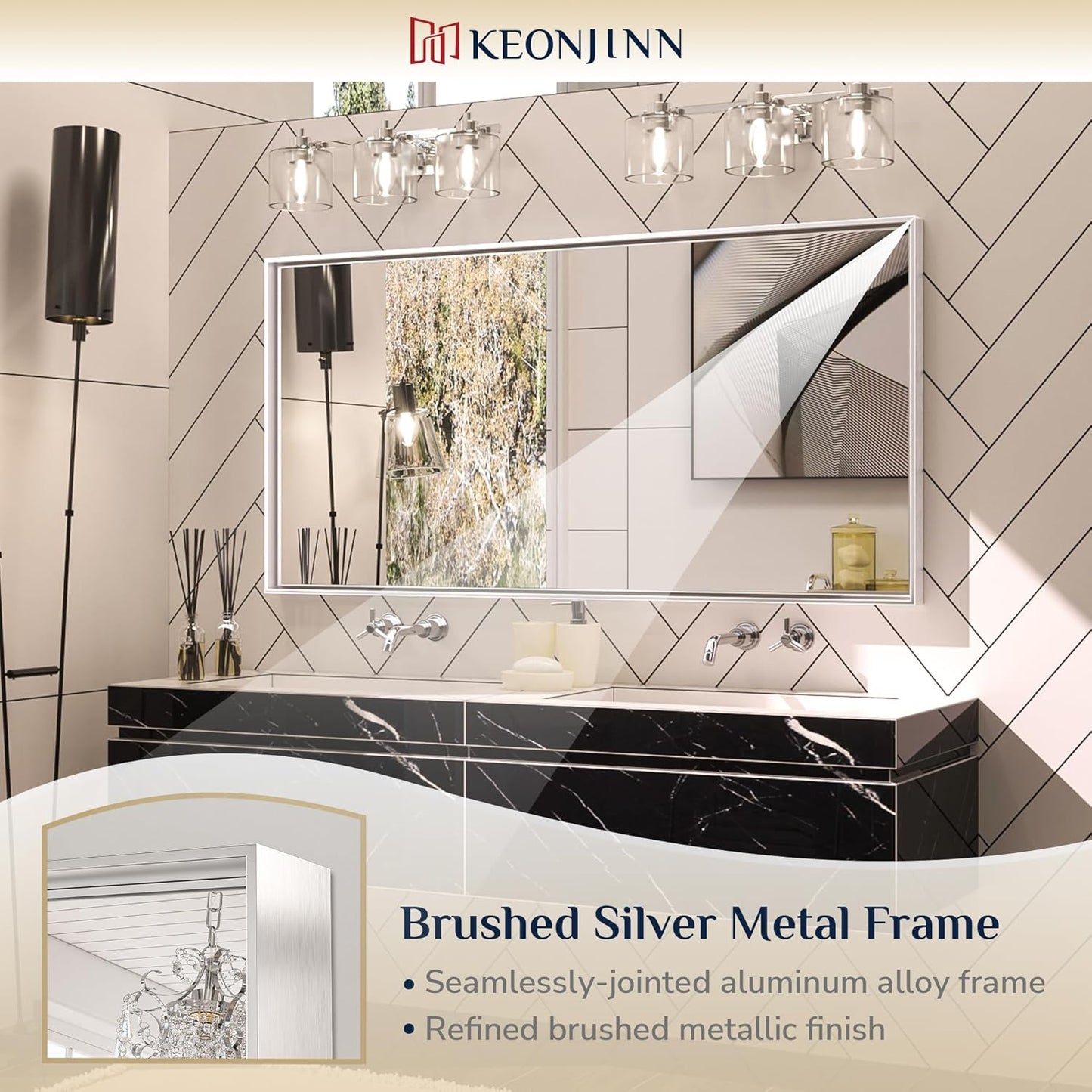 Keonjinn 48 x 24 in Brushed Silver Bathroom Vanity Mirror Rectangular Metal Framed Mirror for Wall Modern Farmhouse Rectangle Mirror Decorative Silver Mirror for Bathroom Sink(Horizontal/Vertical)