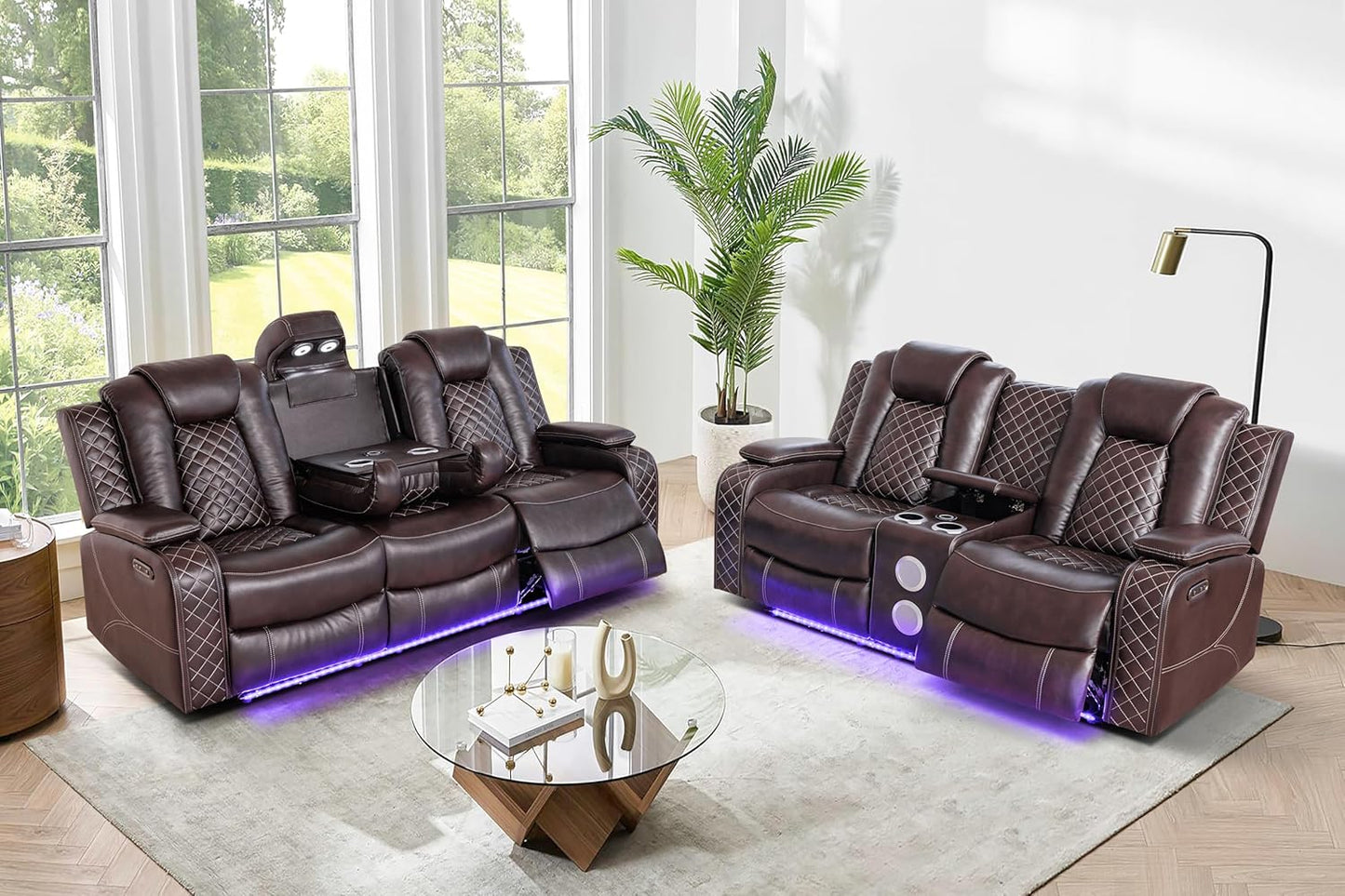 Ball & Cast Power Recliner Sofa Set Leather Reclining Sofa Set Living Room Furniture Set 3PCS Recliner Couch Loveseat & Chair Sets with Coffee Table,Reading Light,Cup Holders for Home Theater Seating