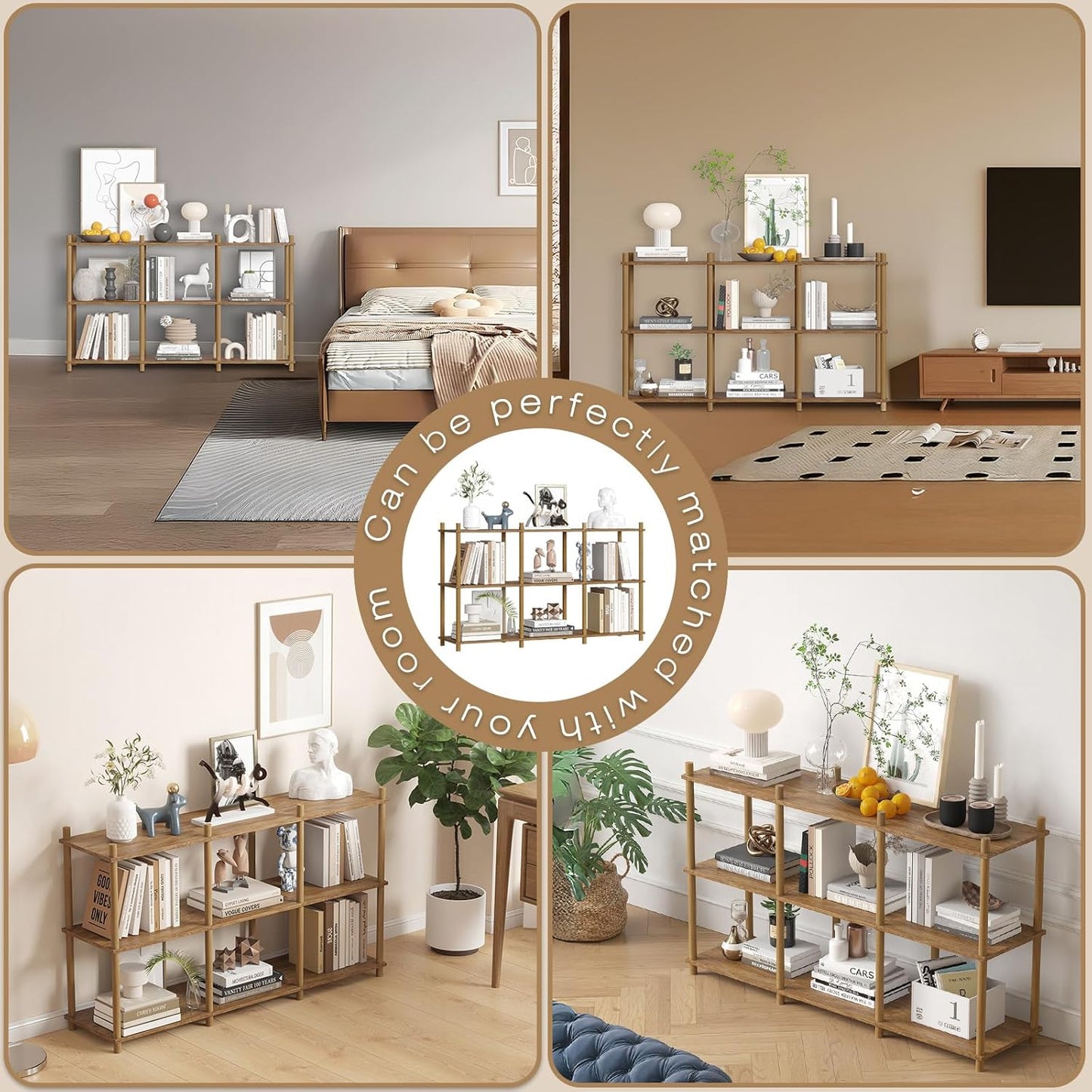 YGYQZ 3 Tier Short Book Shelf, 6 Cube Storage Shelf Organizer Bookshelf with Open Back, Long Horizontal Book Shelves for Office, Living Room, Bedroom, Rustic Brown