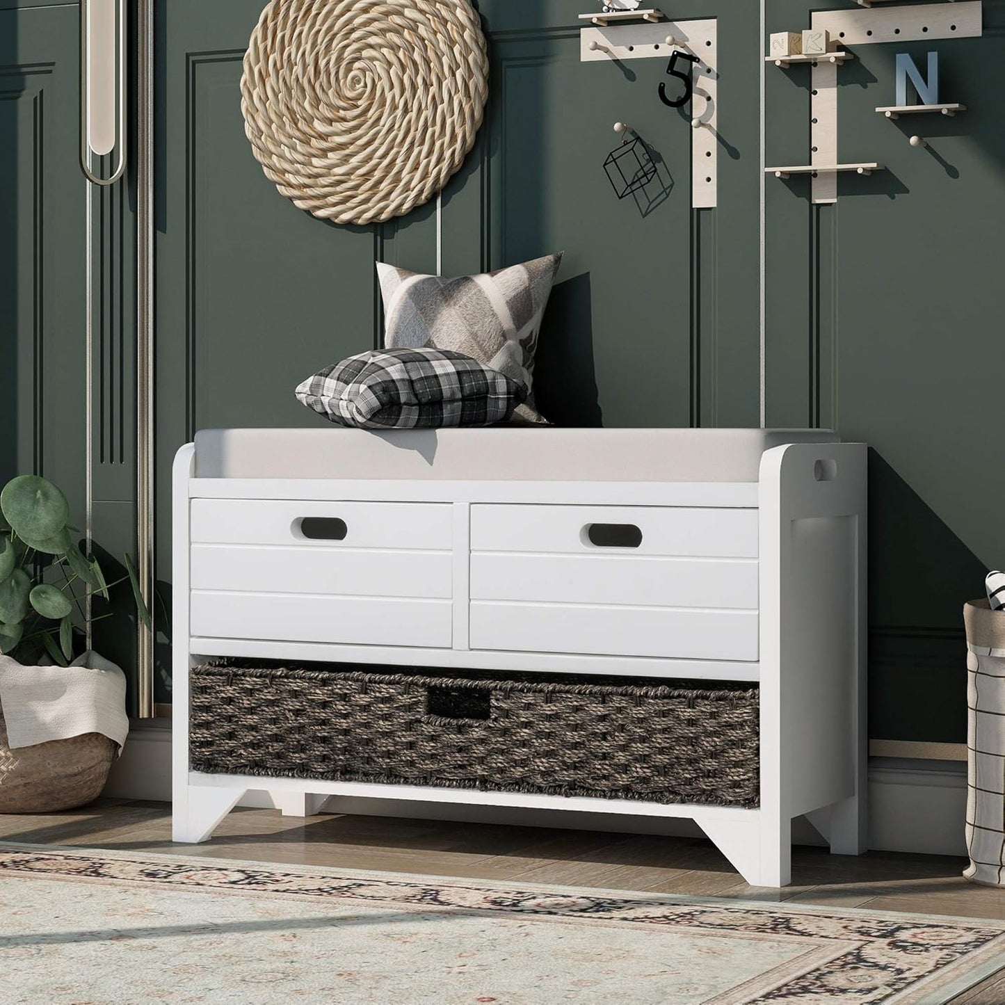 Merax White Classic Wood Entryway Bench with 2 Drawers, Large Rattan Basket and Removeable Seat Cushion for Hallway Front Door, Type 5