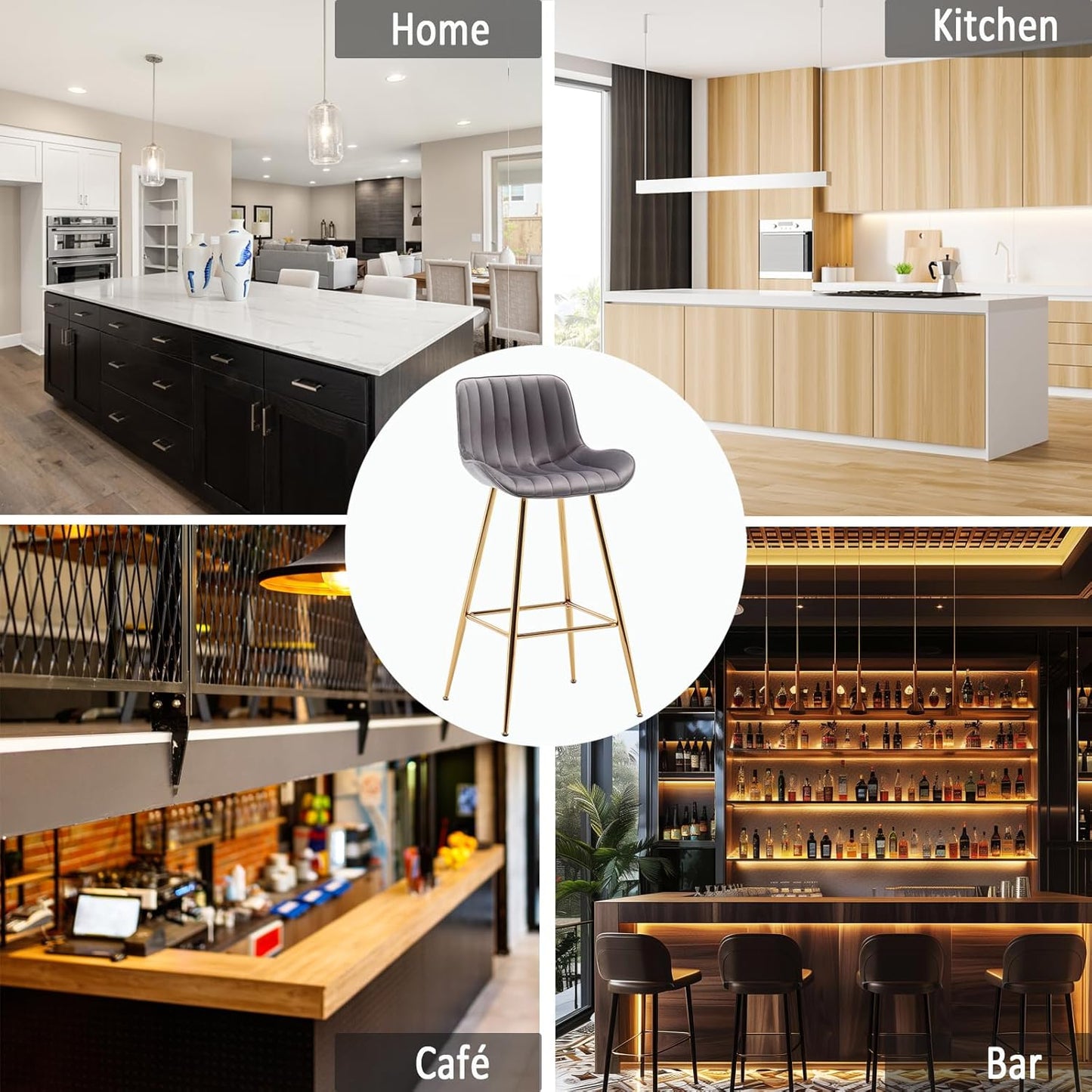 Sidanli Gold Bar Stools Set of 2, 29” Velvet Barstools, Kitchen Chairs for Counter Height with Back and Footrest, Gray