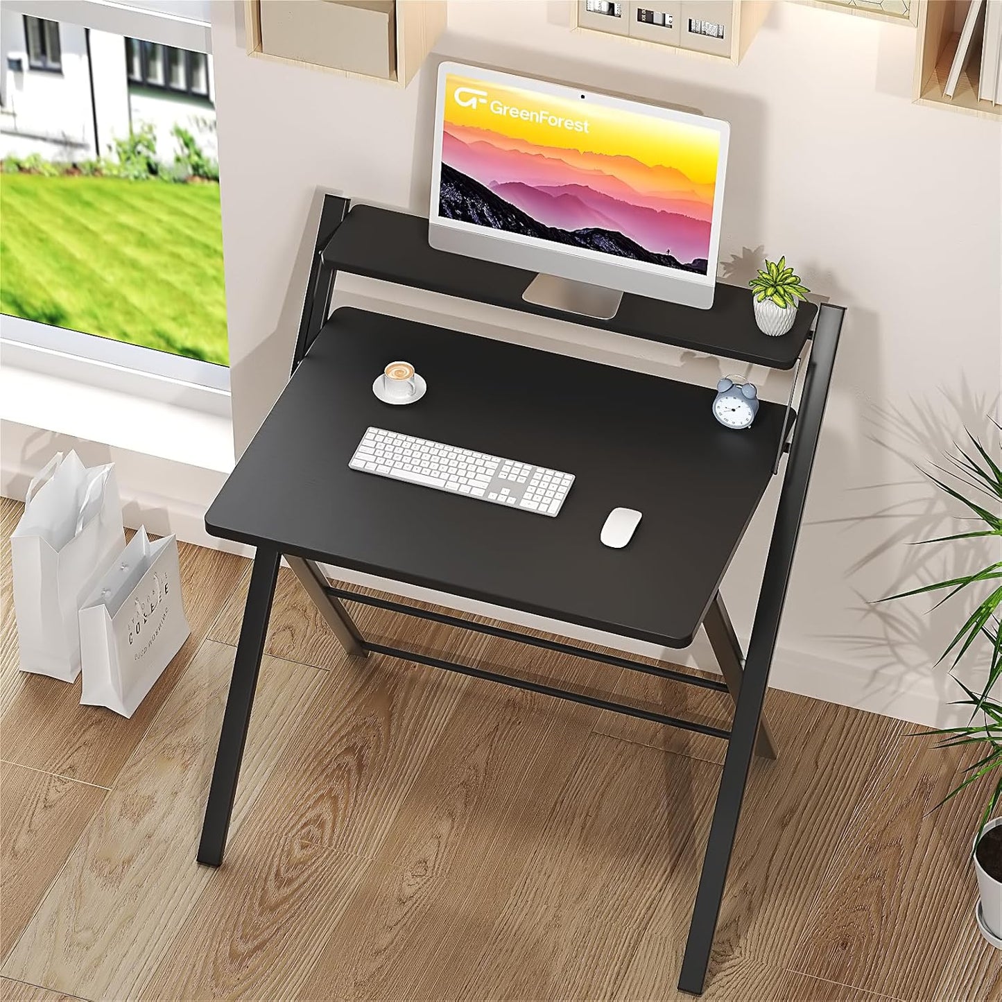 GreenForest No Assembly Folding Desk, 2-Tier Compact Computer Desk with Shelf, 30 inch Space Saving Foldable Table for Home Office, Dorm or Apartment, Portable Collapsible Sturdy Laptop Desk, Black