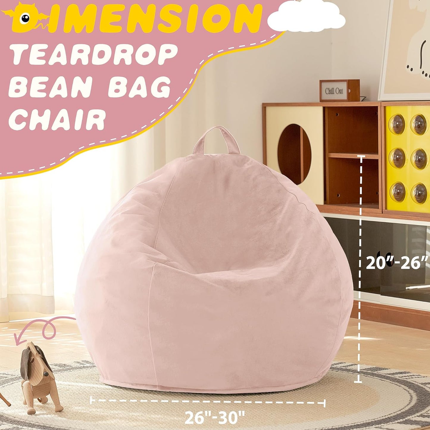 HABUTWAY 2FT Bean Bag Chair, 2' Beanbags Small Bean Bag Chairs with Filling, Teardrop Bean Bag Chair Luxurious Velvet Ultra Soft Fur with Removable Cover (Pink)
