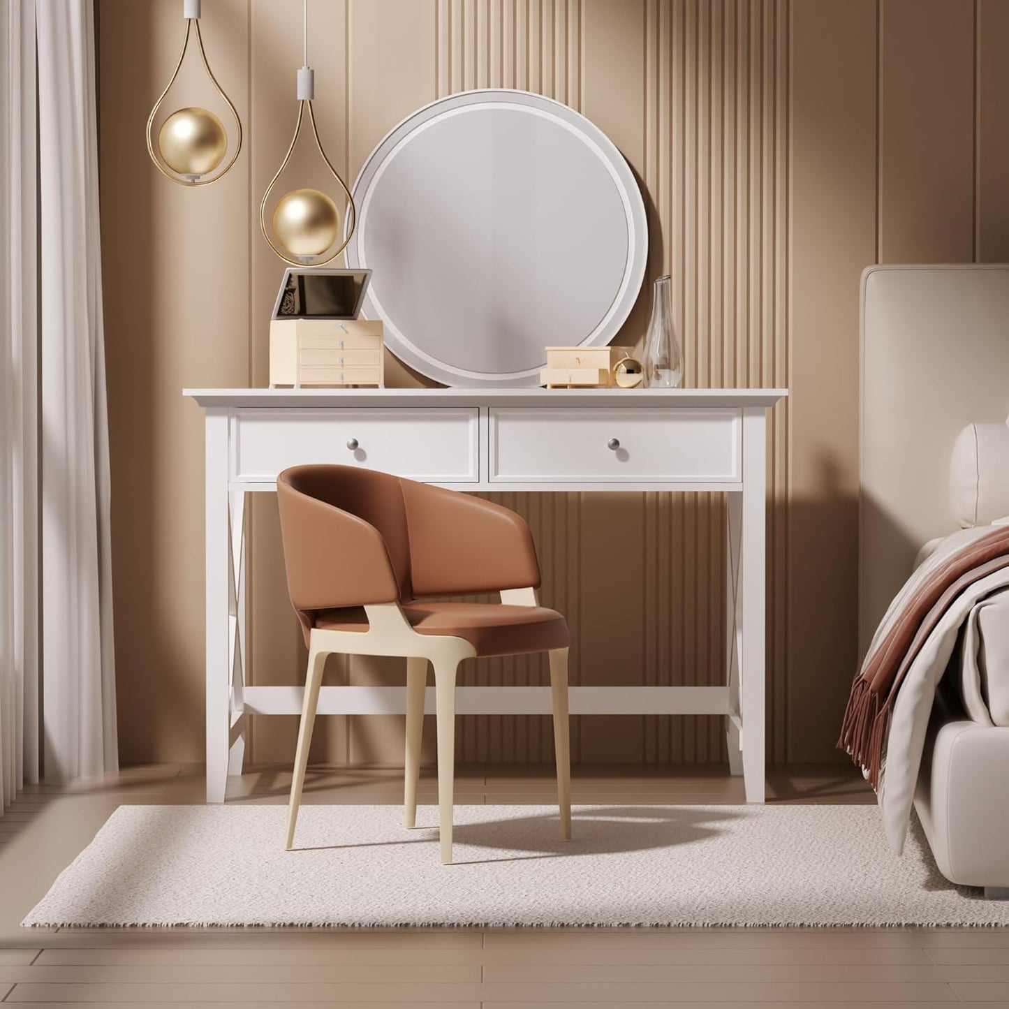 White Computer Desk with 2 Drawers, Modern Makeup Vanity Desk with Storage, Writing Desk for Home Office, 42'' Long Study Simple White Desk for Bedroom Console Table Living Room