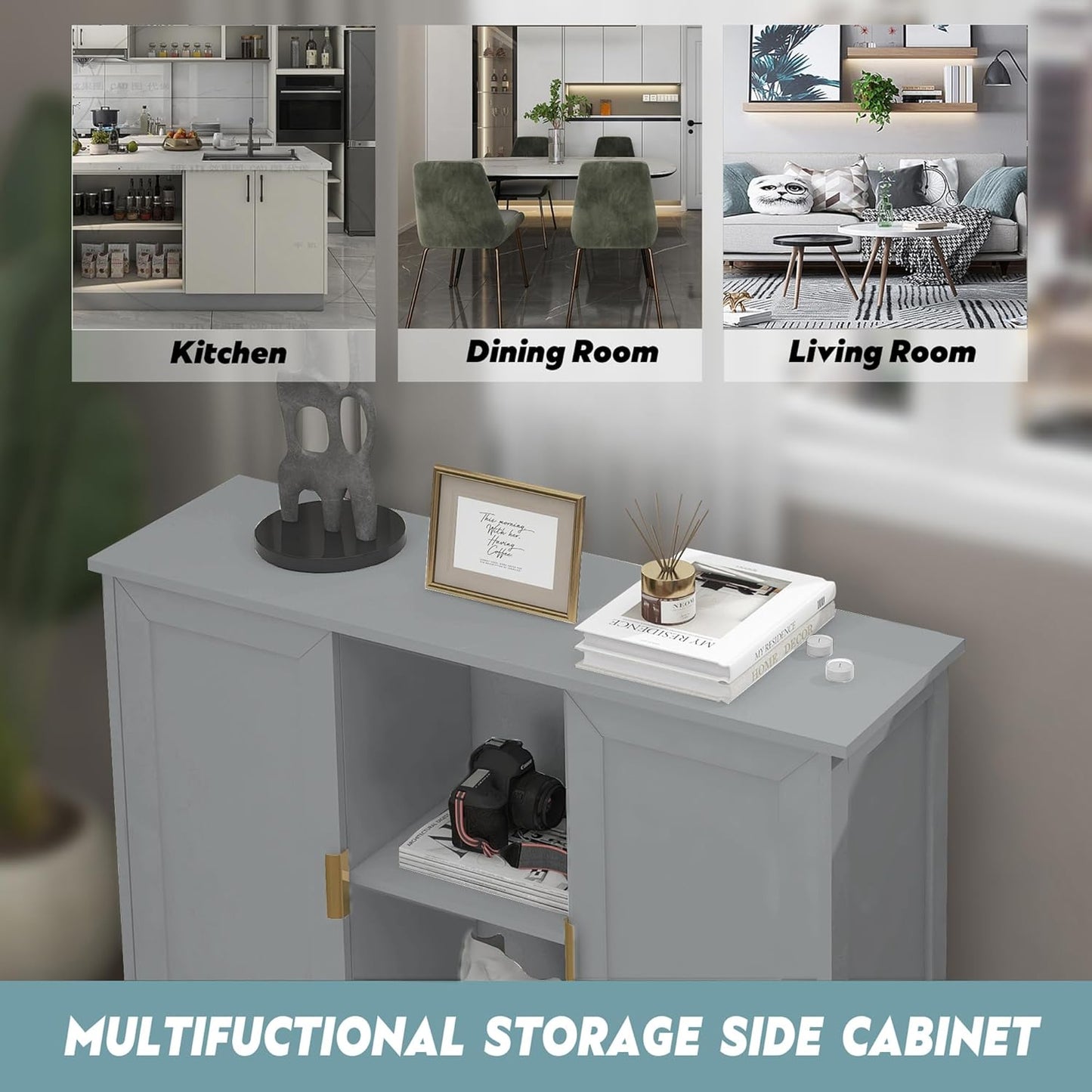 TaoHFE Grey Kitchen Pantry, Modern Wooden Small Credenza Sideboard Coffee Station, Storage Small Cabinet with Doors and Shelves for Kitchen