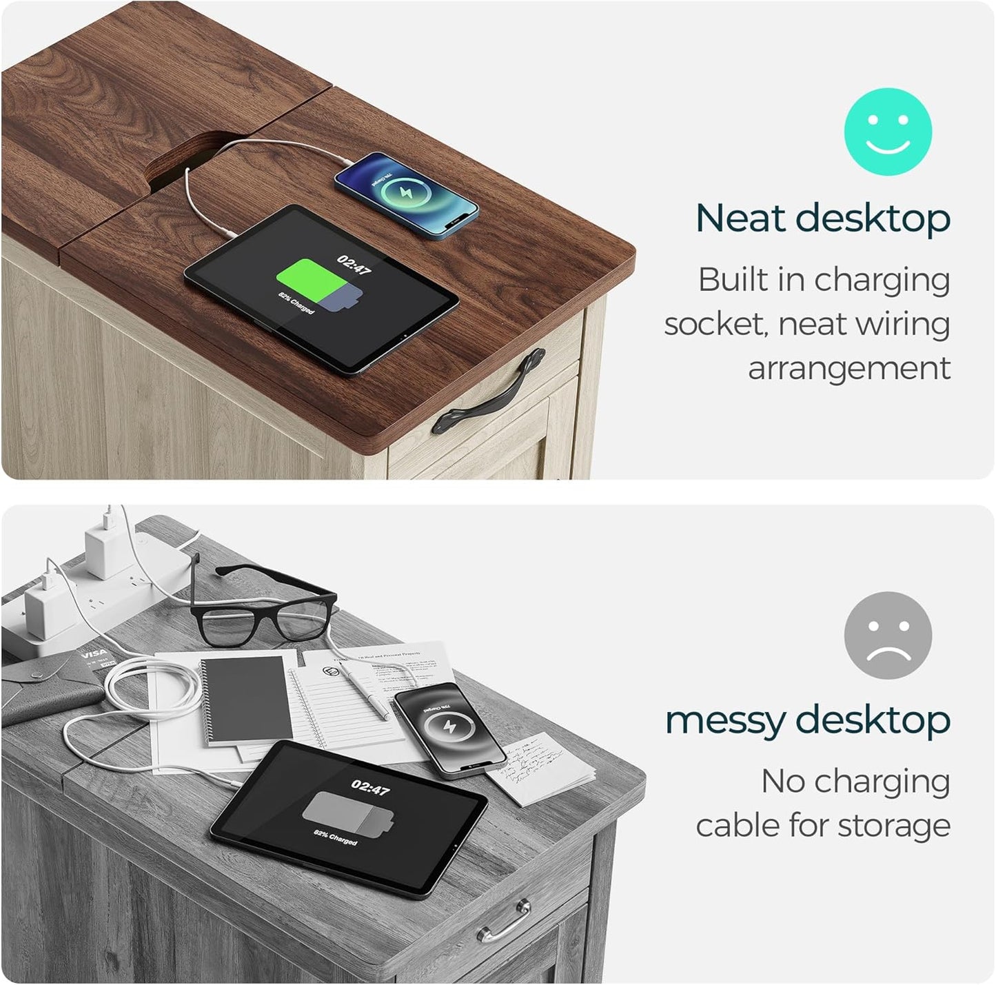 LINSY HOME End Table Set of 2 with Charging Station, Modern Farmhouse Sofa Couch Side Table, Wooden Bedside Table for Living Room Bedroom, Narrow Nightstand with Storage Cabinet for Small Space