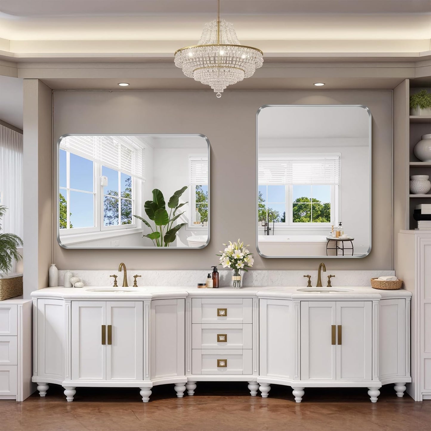 FORBATH 48x40 Inch Large Bathroom Mirror, Brushed Silver Deep Frame Wall Mirror with Rounded Corners, Anti-Rust Tempered Glass for Modern Farmhouse Vanity (Horizontal/Vertical)