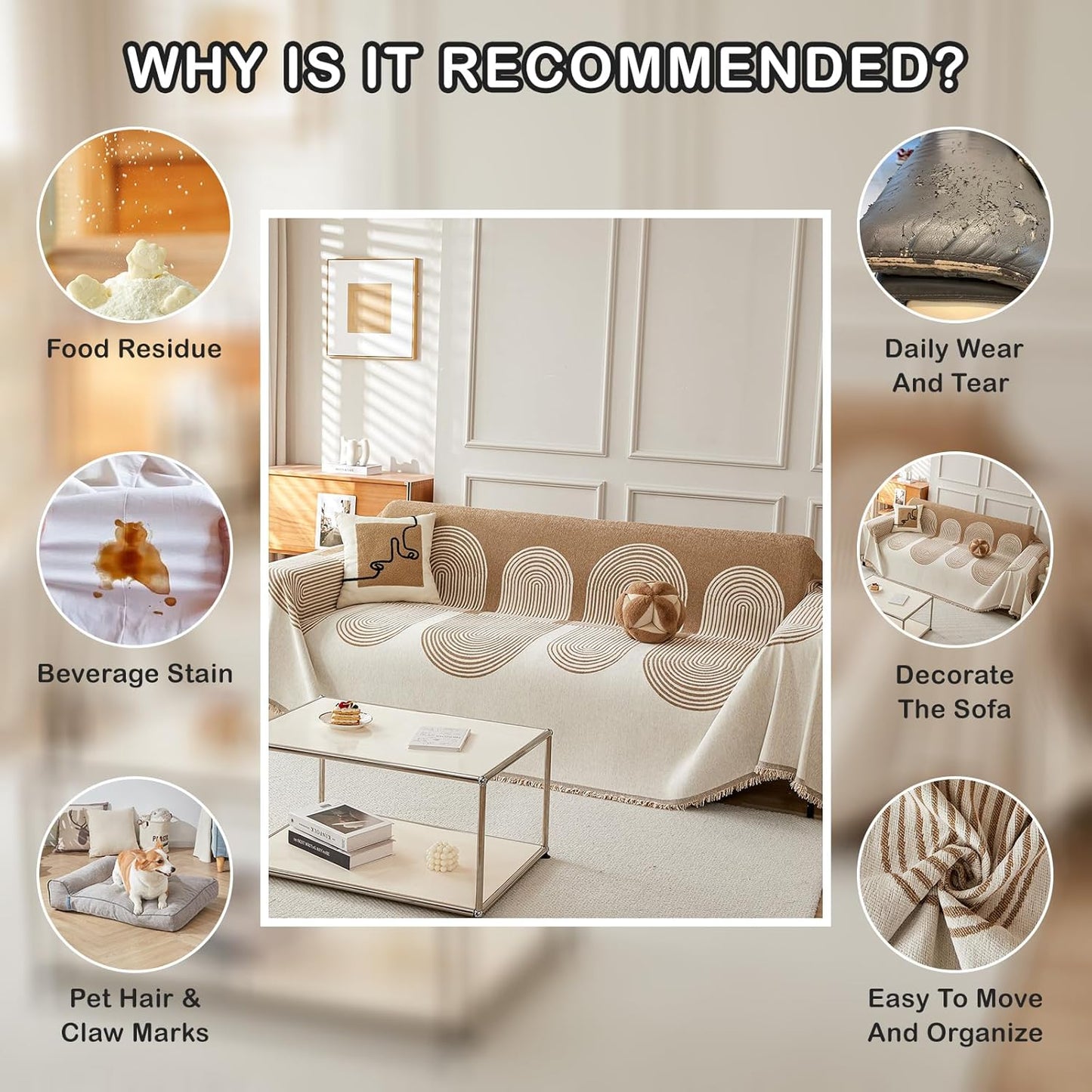 STACYPIK Modern Beige Geometric Couch Cover for Dog Boho Reversible Sofa Covers for 3 Cushion Couch Washable Furniture Protector Chenille Sofa Slipcover Loveseat Cover Multi-Use Throw Blanket-71X134IN