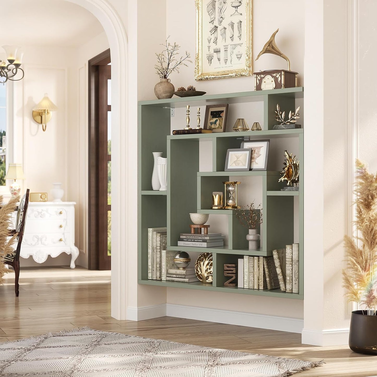 Armocity 6 Tier Display Book Shelf Wall Mounted Bookshelf Freestanding Geometric Bookcase Floating Book Shelves for Wall Bedroom Living Room Home Office, 45.5"(W) * 47"(H), Crab Green