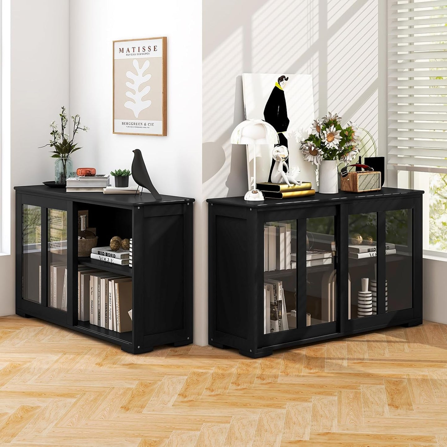 Costzon Sideboard Buffet Cabinet of 2, Wooden Kitchen Storage Cabinet with Adjustable Shelf, Sliding Glass Doors, Accent Coffee Bar Cabinet Console Table for Living Room, Dining Room, Hallway