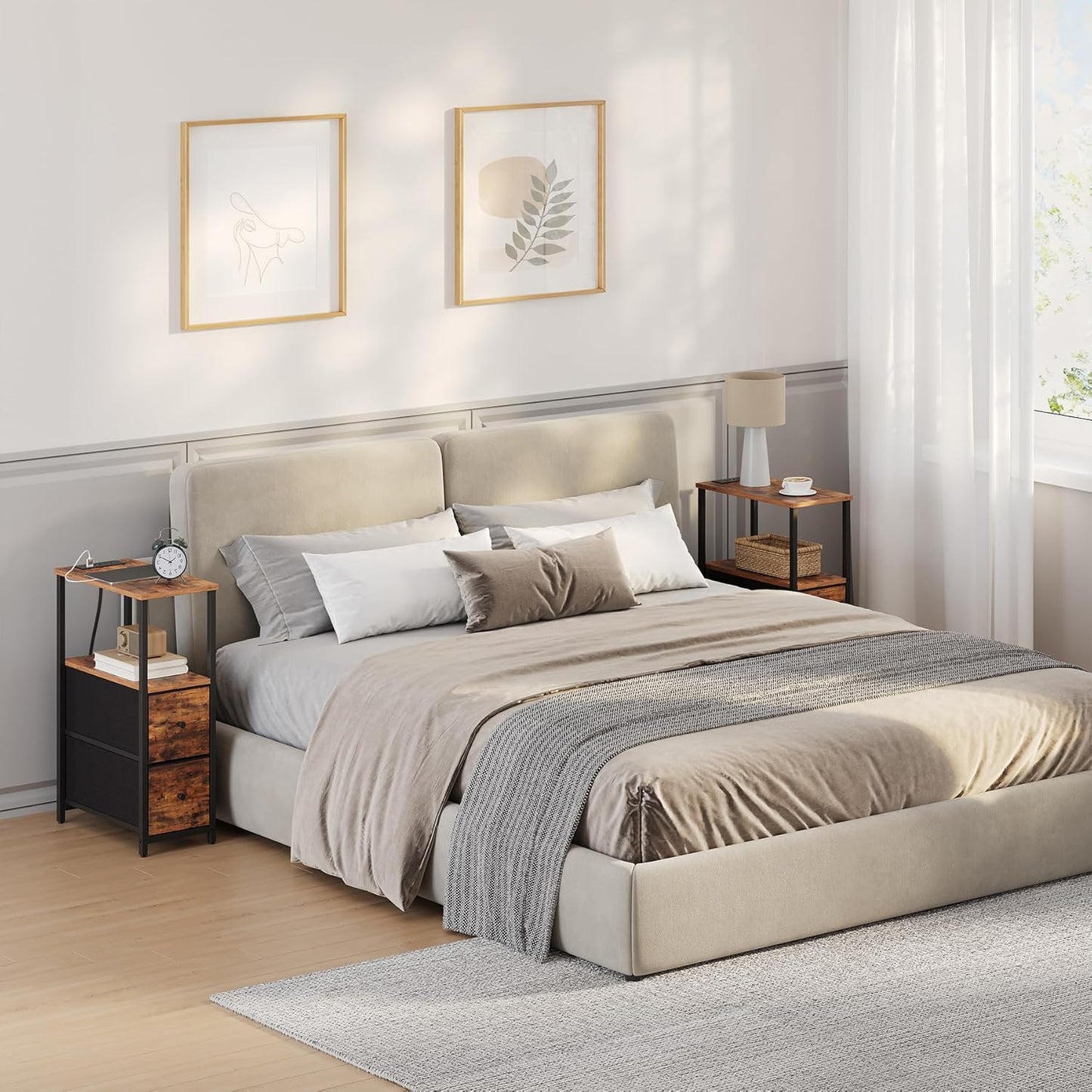 TUTOTAK Small Narrow End Table with Charging Station, Set of 2, Side Table with Outlets, Nightstand with 2 Cloth Drawers, Couch Table, for Living Room, Bedroom, Bedside, Brown TB01BB055