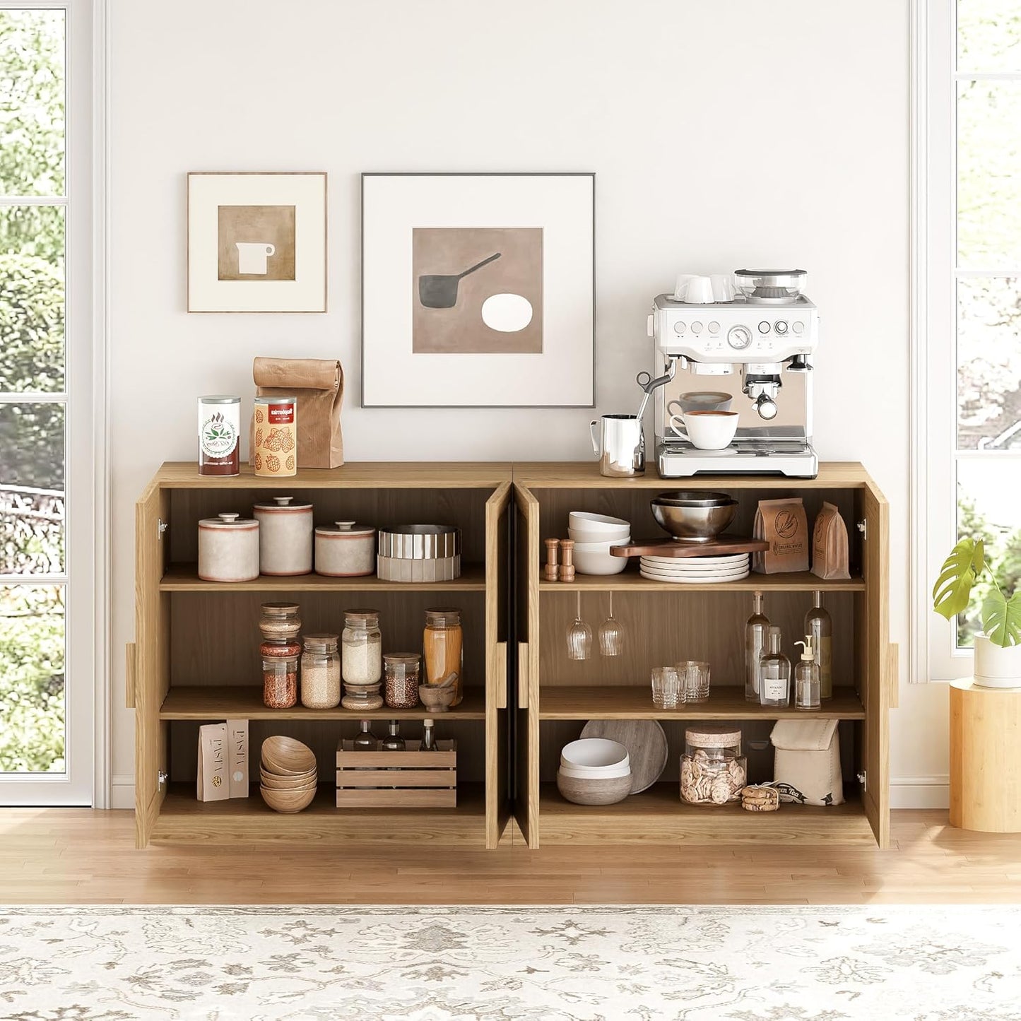 Buffet Cabinet, 4-Doors Sideboard Cabinet with Rattan Panels, Buffet Console Accent Table for Hallway Entryway Dining Room, 72", Oak