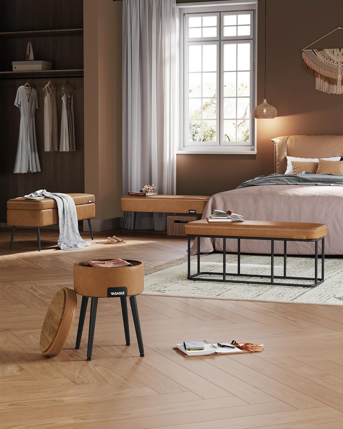 VASAGLE EKHO Collection - Storage Bench for Entryway, Ottoman Bench with Steel Frame, 43.3-Inch Wide, Synthetic Leather, Living Dining Room, Mid-Century Modern, Loads 660 lb, Caramel Brown ULOM085K01