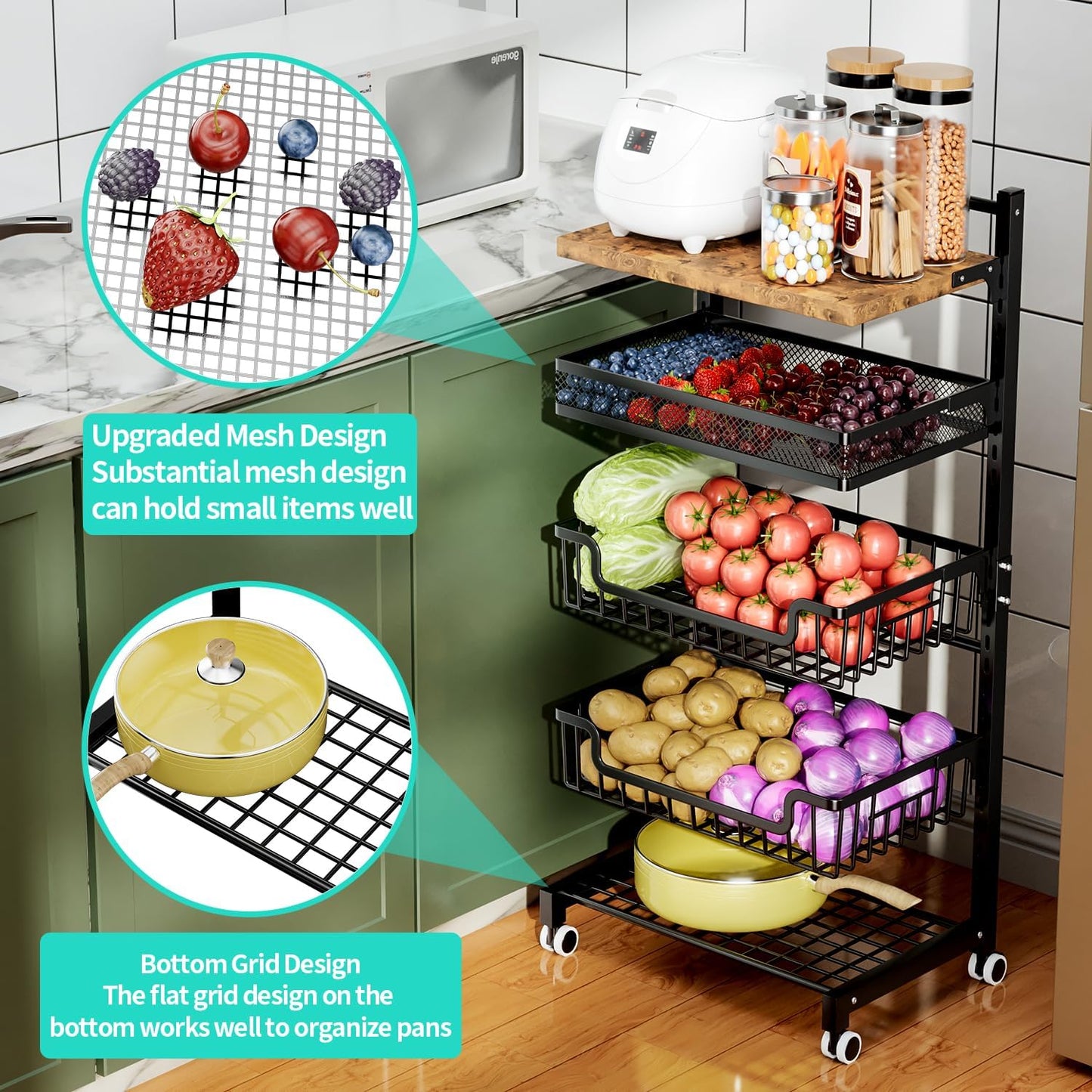 HapiRm Fruit Basket Kitchen Cart - 5 Tier Adjustable Vegetable Storage Rack, Large Capacity Rolling Kitchen Carts on Wheels for Snack Onion and Potato Storage