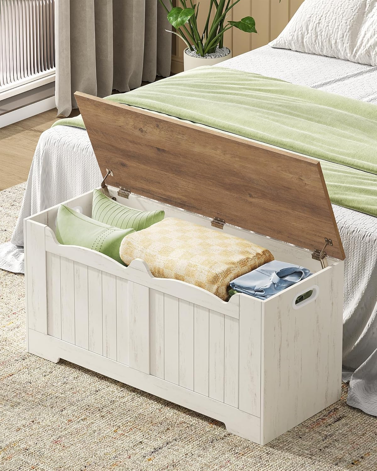 39.4" Storage Chest, Storage Bench Trunk with 2 Safety Hinge, Wooden Box, Lift-Top Chest Organizer, Shoe Bench for Entryway, Bedroom, Living Room, White and Brown SB01014B