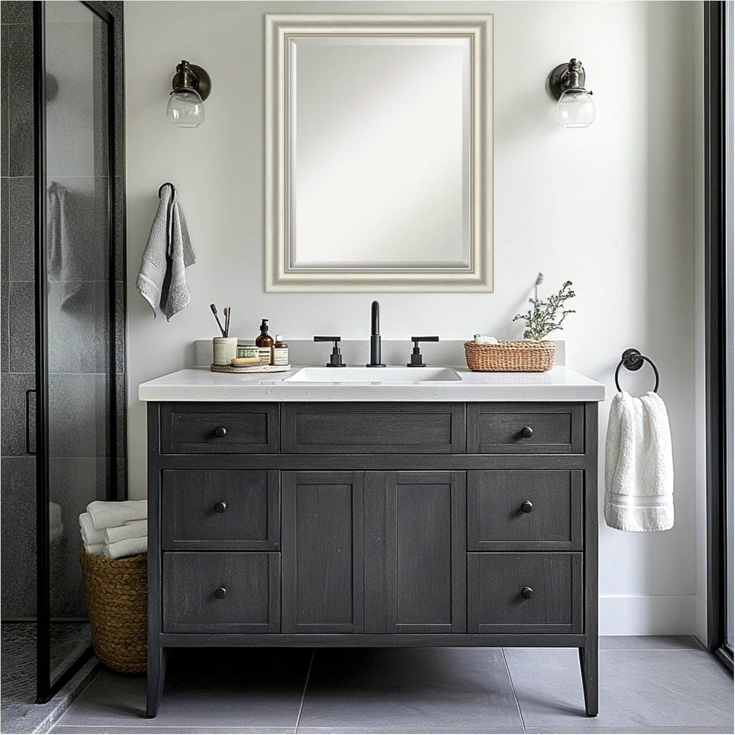 Amanti Art Bathroom Mirror for Over Sink, 28x34 Sophia Silver Rectangle Vanity Mirror, Large Traditional Frame, Hangs Horizonally and Vertically, Bathroom Wall Decor, Beveled Edge