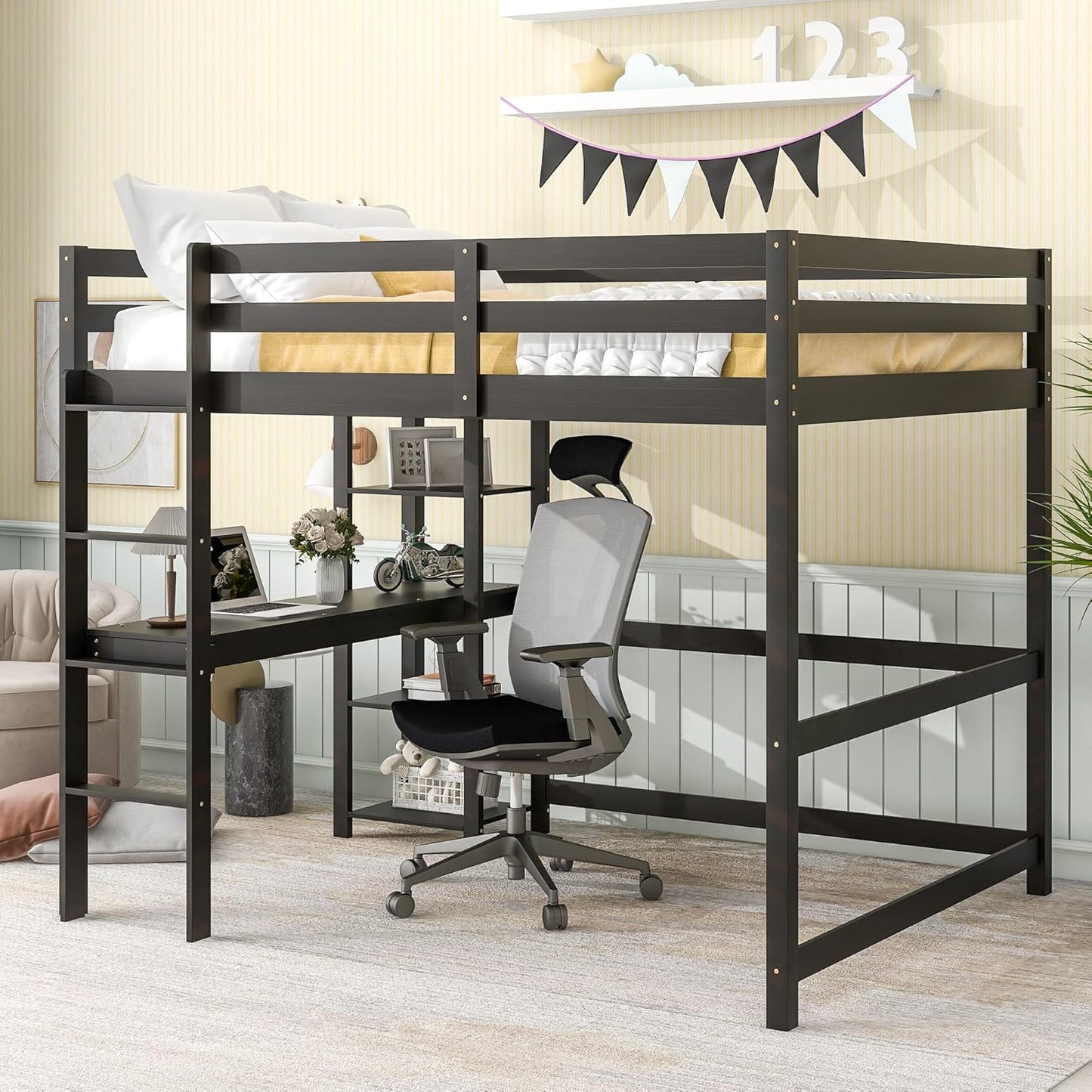 HomSof Full Loft Bed with Desk and Shelves,Espresso