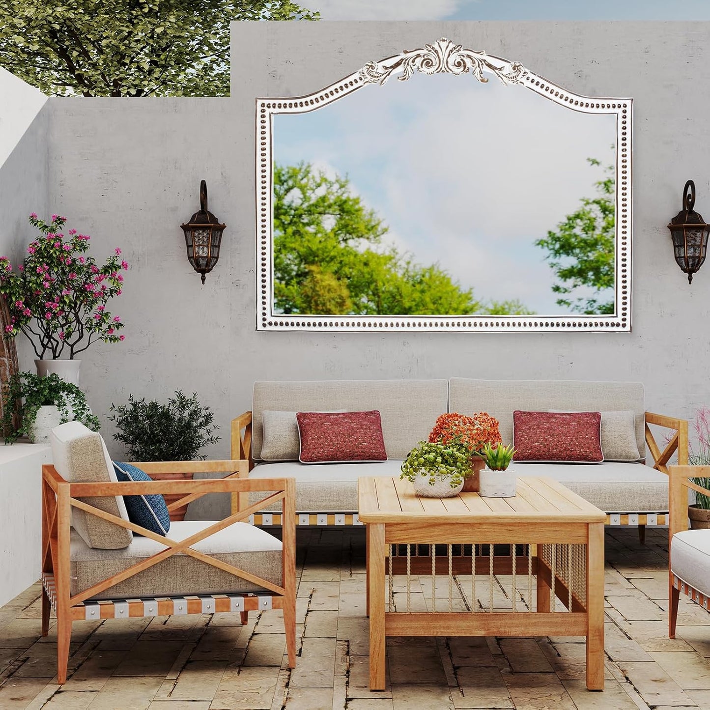 32x42 Inch Ornate Wooden Arched Wall Mirror, Rustic Farmhouse Decorative Wide Mirrors for Fireplace, Living Room, Bedroom, Entryway, Bathroom Over Sink