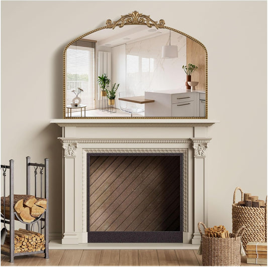 Large Ornate Gold Antique Mirror 40” x 30”, Vintage Wall Mirror with Gold Beaded Arch Frame, Dresser Mirror for Dining Room,Living Room, Sofa Wall, or Hallway Decor