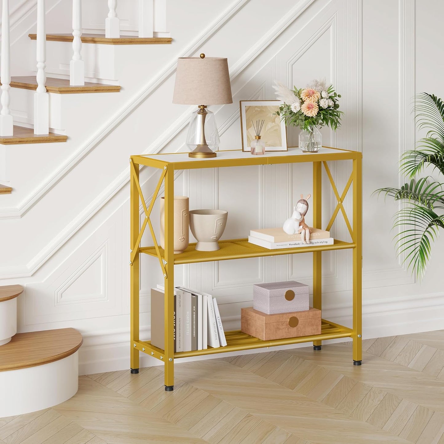 Hoctieon Industrial Console Table, 3 Tier Entryway Table, Metal Frame, Sofa Tables with Shelf, Hallway Desk, Entrance Tables for Entryway, Living Room, Foyer, Hallway, Gold and White