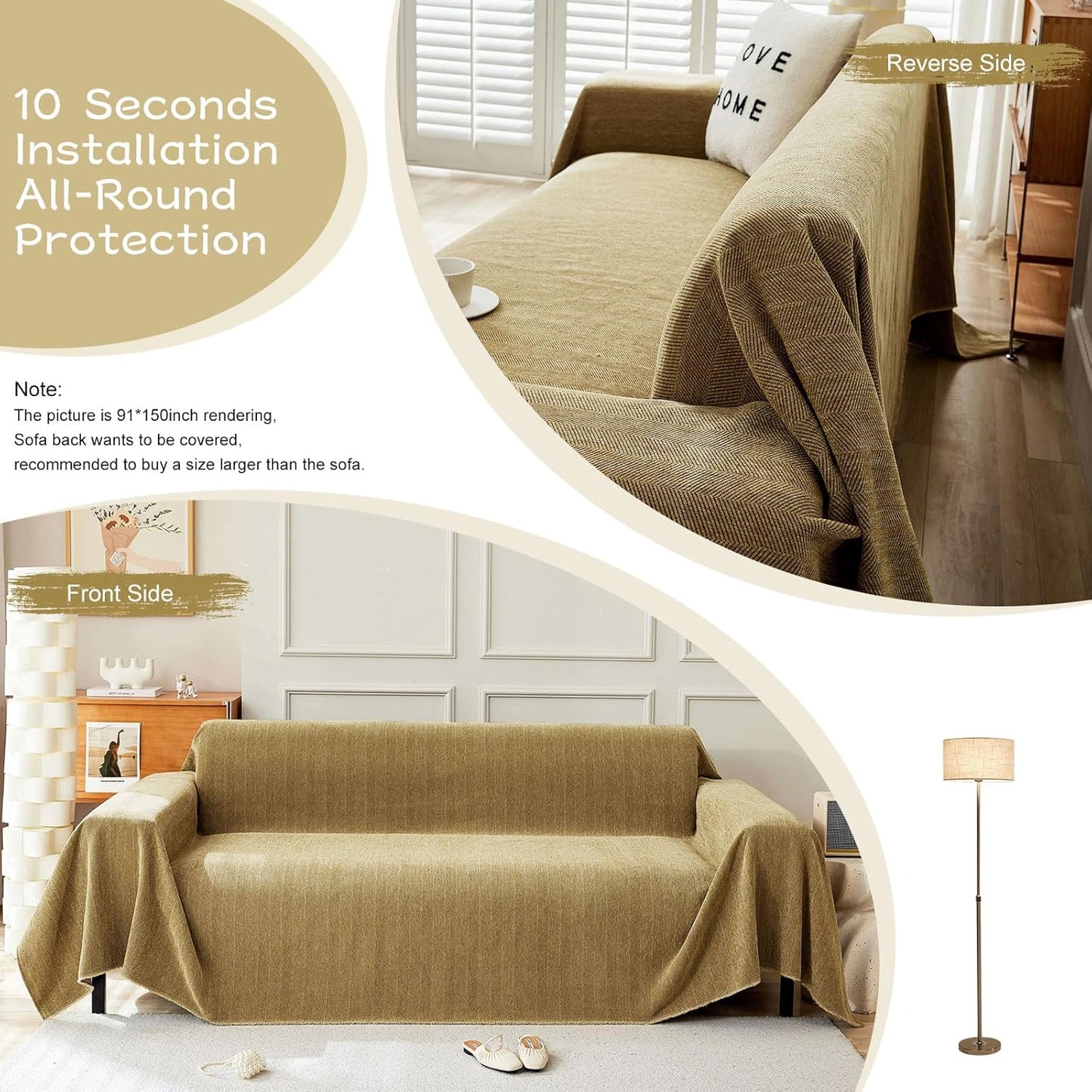 STACYPIK Wear-Resistant Chenille Yellow Sofa Cover, Couch Cover for Dogs, Washable Pets Protector for 3 Cushion Couch, Sofa Covers for Loveseat, Non-Slip Sectional Cover, Throw Blanket-71X134IN